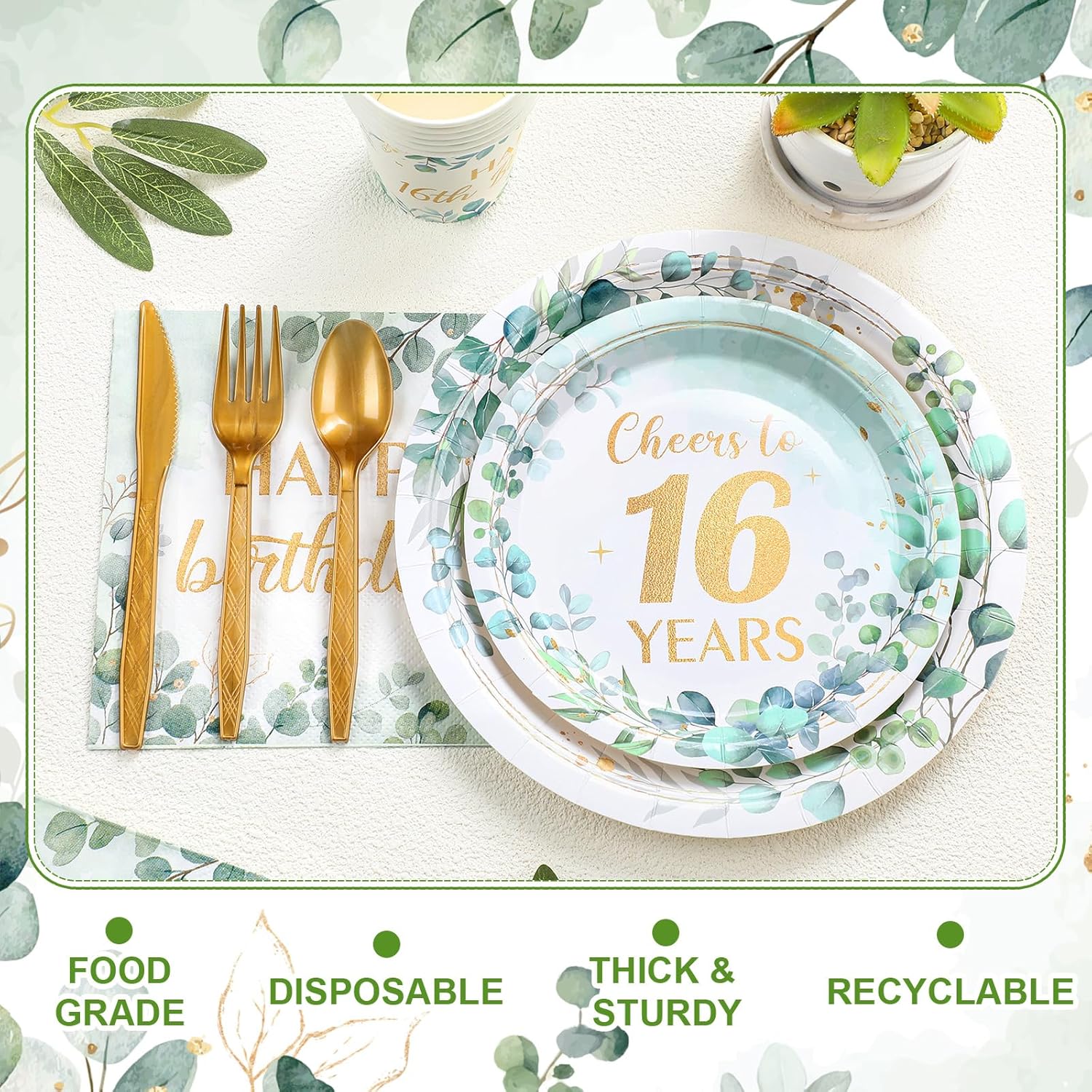 Yungyan 252 Pcs Greenery 16th Birthday Decorations for Sweet Boy Girl Official Teenager 16th Eucalyptus Tableware Supplies Sage Green Birthday Disposable Plates Napkins Cups Spoon Forks and Knives