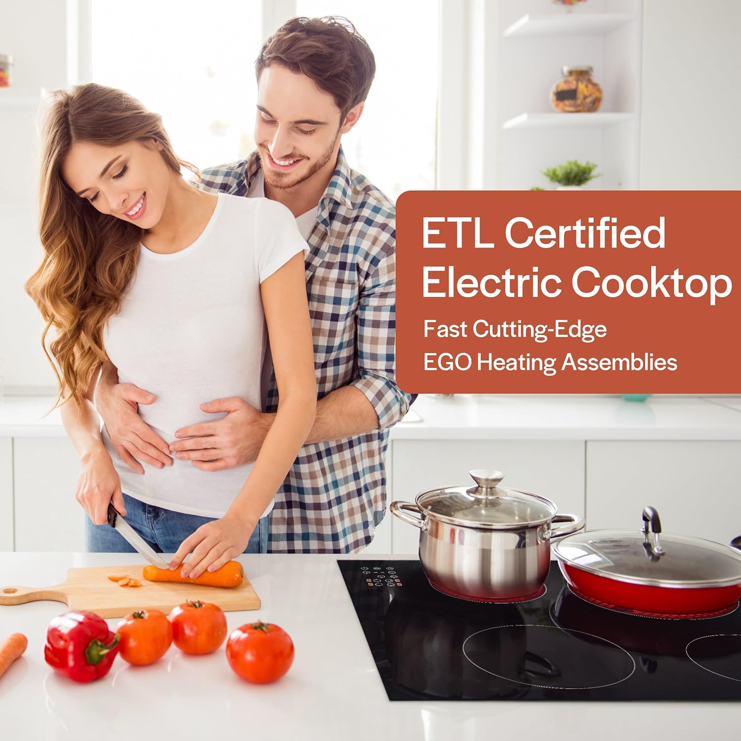 Empava Electric Stove Built in Radiant Ceramic Cooktop with Glass Smooth Surface 4 Burners with Dual Zone Element, ETL Certified, 6400W,220-240v Hard Wired, No Plug, 24 inch, Black