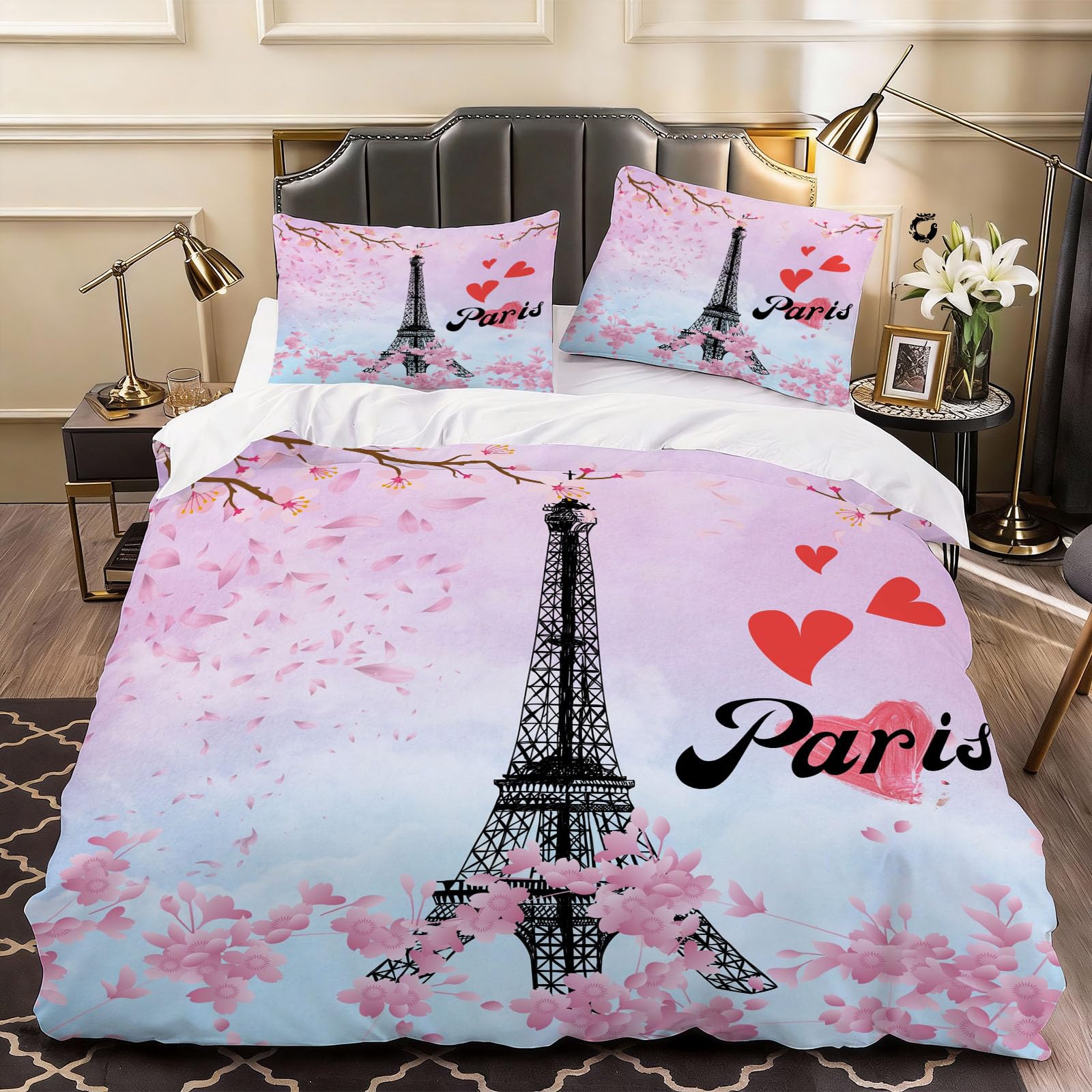 3D Eiffel Tower Duvet Cover Chic and Romantic Paris Bedding Double Bed Set, Soft Microfiber Comforter Cover Printed with Zipper Closure Quilt Coverr 200x200 cm and 2 Pillowcases