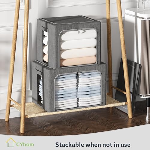 Miniatura 6 de CYhom Paquete de 3 contenedores de almacenamiento plegables, caja de almacenamiento de tela de lino, apilable, organizador de ropa con ventana