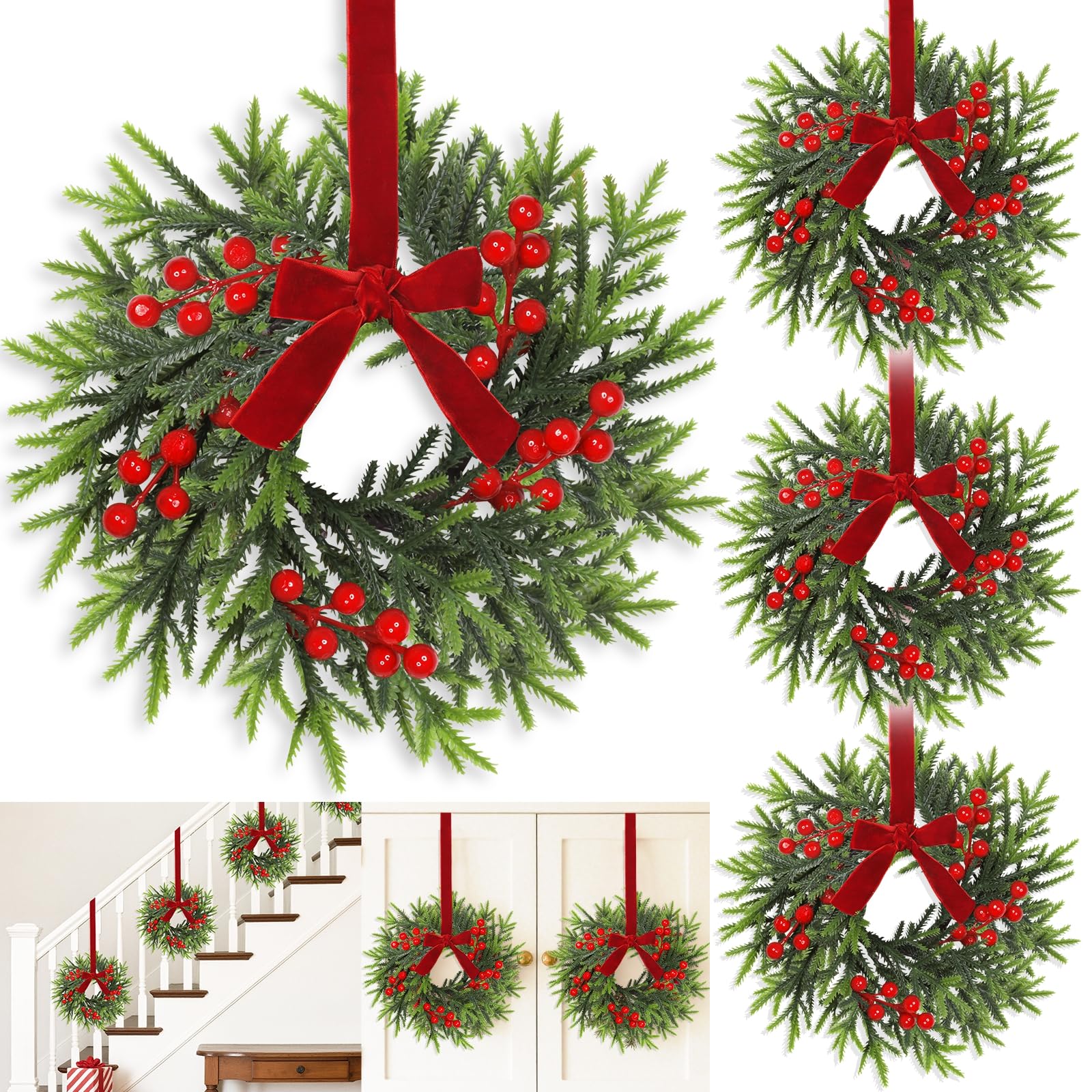 4 Pcs Mini Christmas Wreaths,11'' Small Hanging Wreaths for Kitchen Cabinet