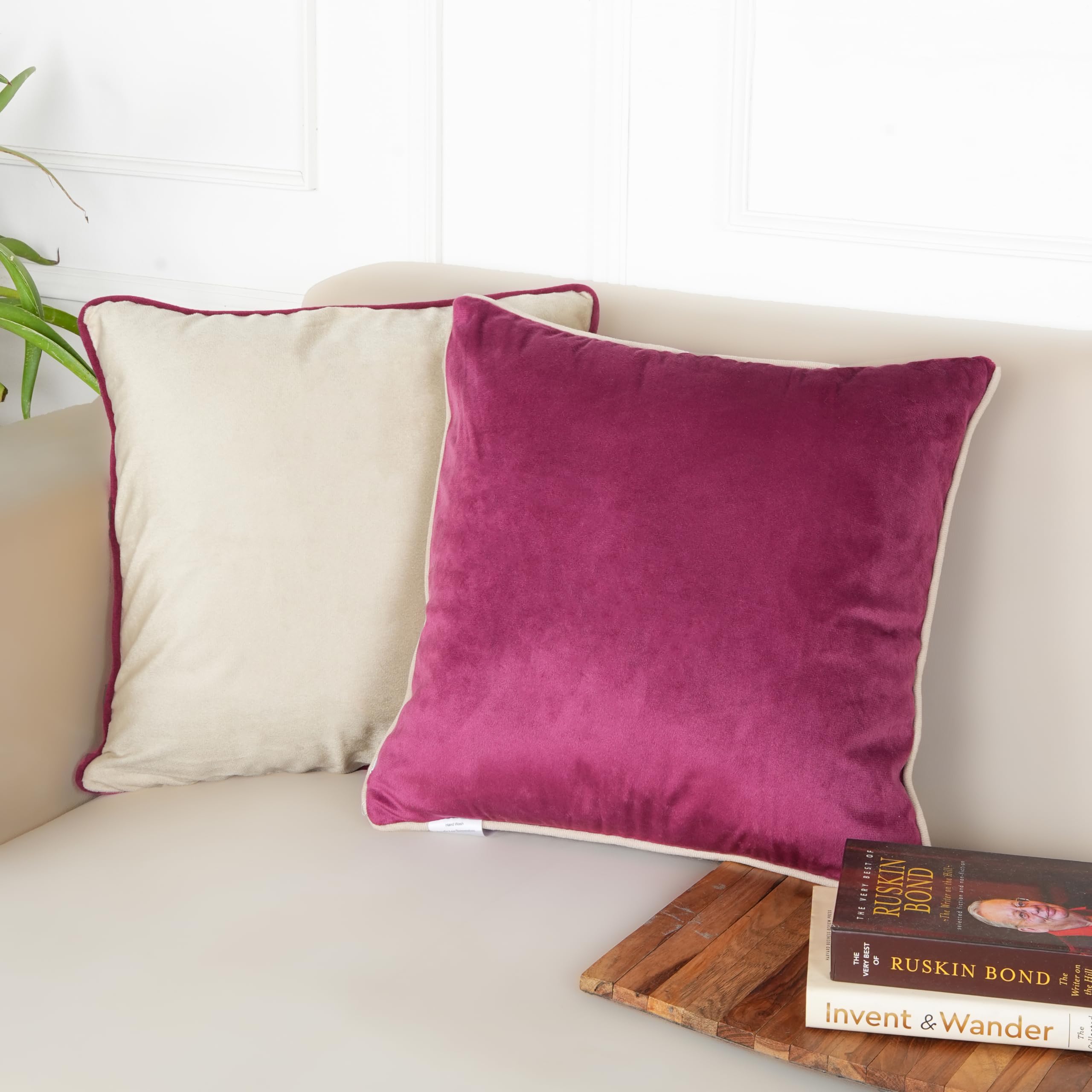 STITCHNEST Velvet Wine & Beige Cushion Covers Set of 2 | Solid Color Both-Side Design with Piping | Soft & Premium Finis