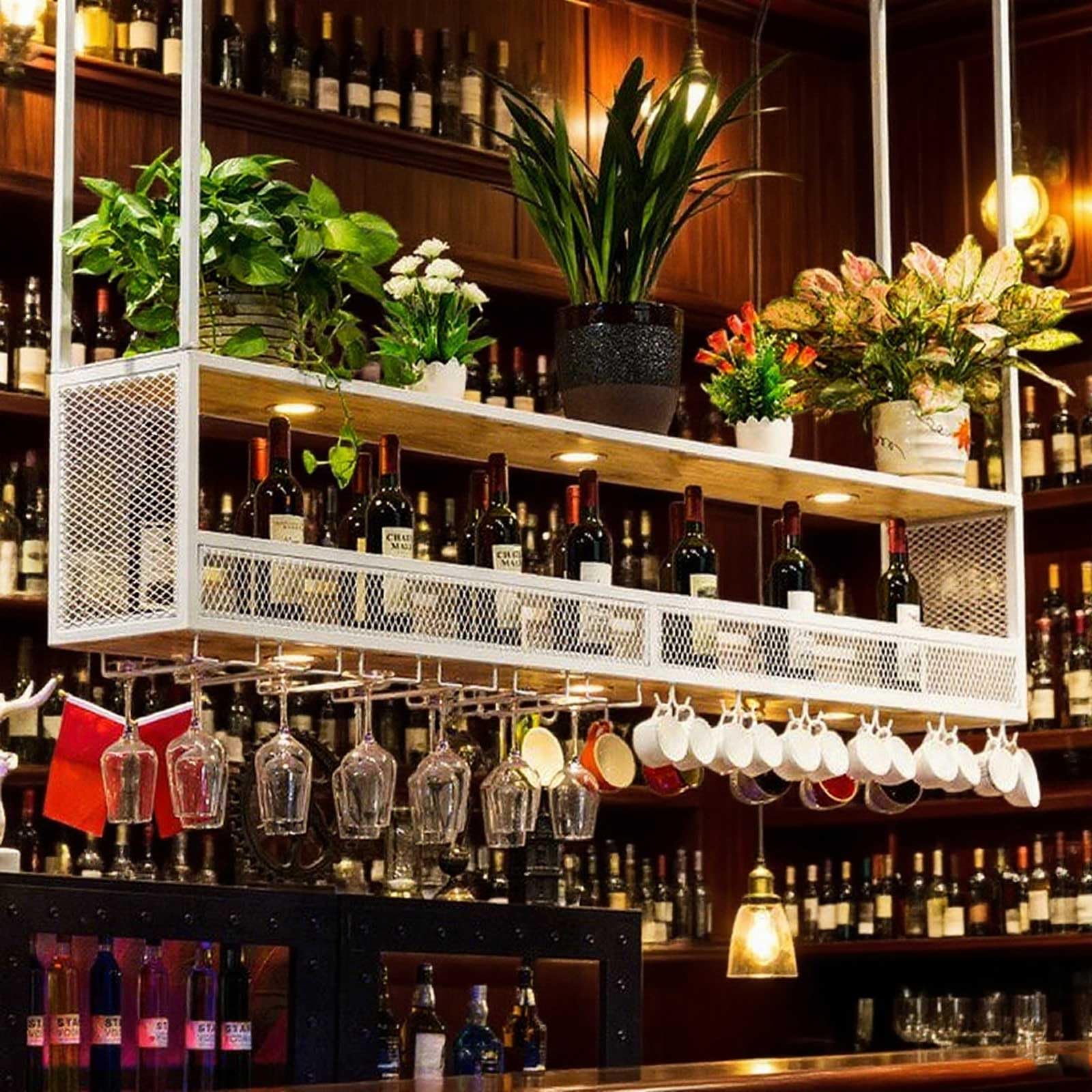 Étagère à vin suspendue en hauteur réglable à 2 niveaux pour bar, restaurant, café, cuisine