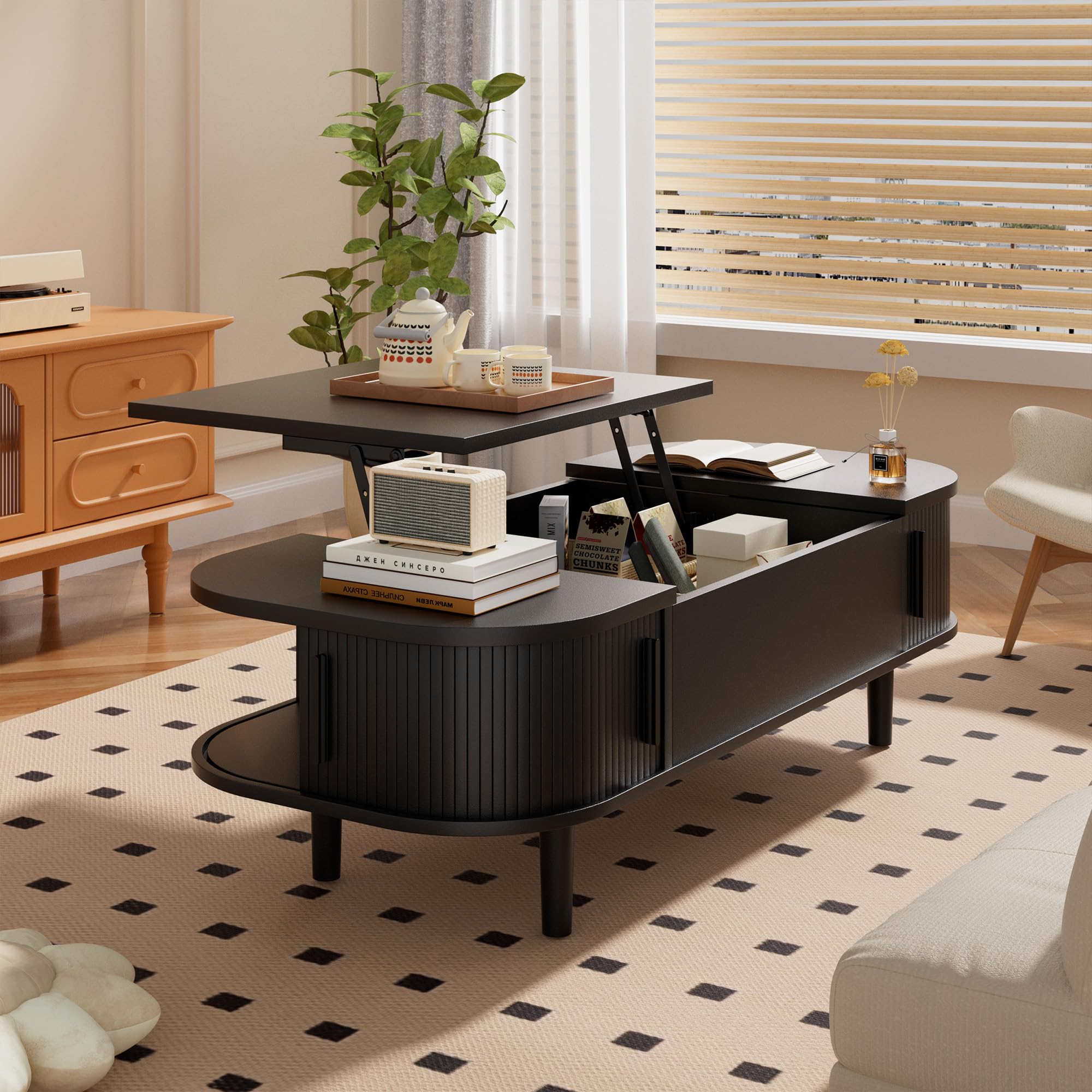 PURFINO Couchtisch mit Hebeplatte – Moderner Holztisch mit Einzigartiger Textur & Verstecktem Stauraum, Kaffeetisch für Wohnzimmer, Schlafzimmer, Kleine Räume, Home Office