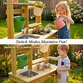 Toywoo Waterproof Mud Kitchen for Kids Outdoor, Wooden Play Kitchen with Working Faucet & 2 Stainless Steel Sinks, Pretend Cooking & Gardening Toy, Perfect Outdoor Gift for Boys Girls Ages 3+