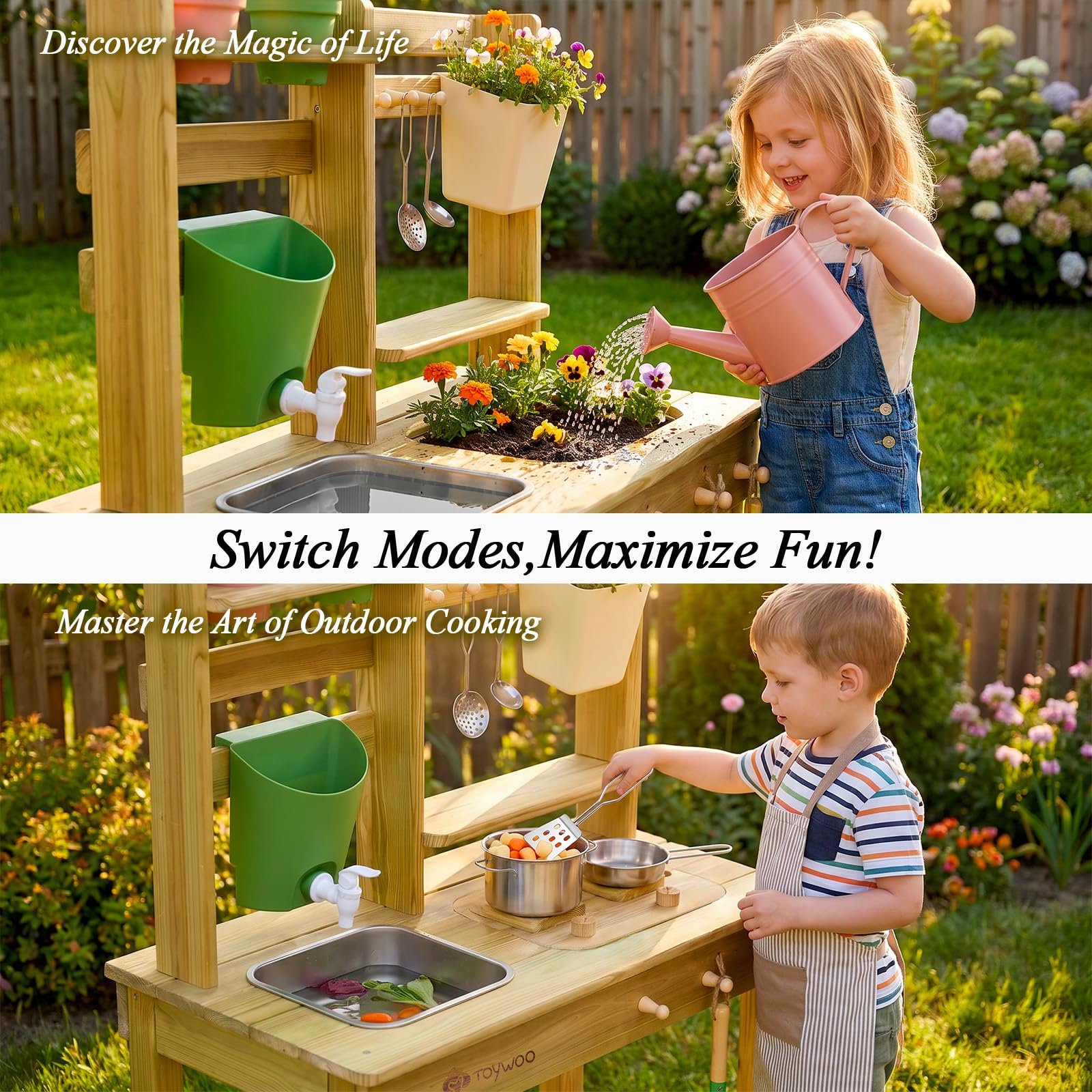 TOYWOO Cuisine de boue pour enfants en extérieur, table à boue 3-en-1 avec réservoir d'eau et évier, cuisine de jardin en bois finlandais pour garçons et filles à partir de 3 ans