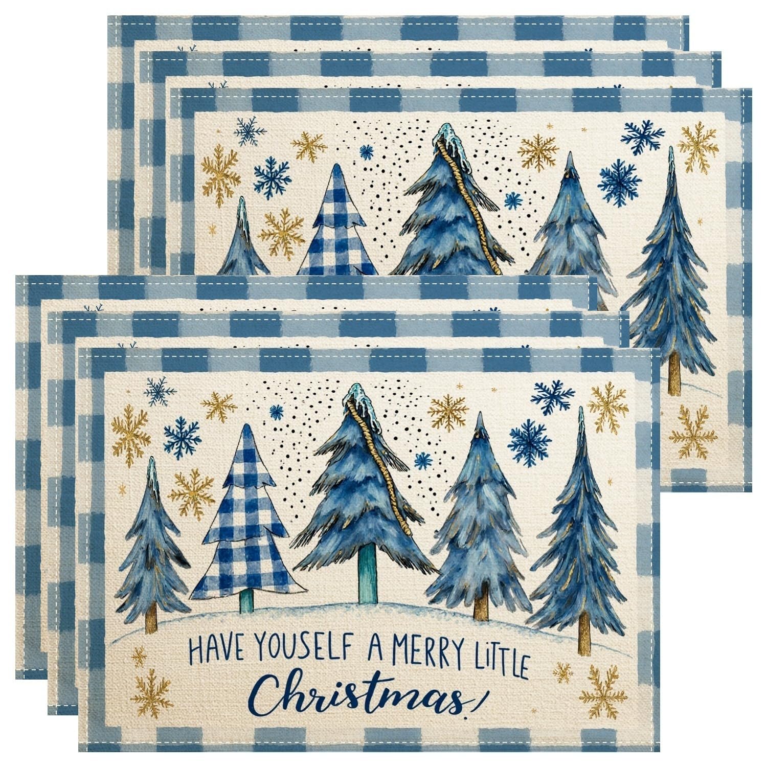 Christmas Blue Trees Placemats, Charming Rustic Watercolor Place Mats for Dining Table, Winter Holiday Non-Slip Washable Indoor Outdoor Kitchen Party Decorative Placemat Set of 6