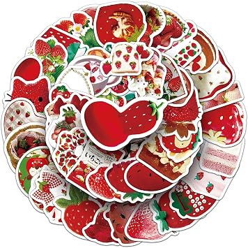 50Pcs Strawberry Stickers,Waterproof Vinyl Cute Fruit Dessert Stickers for Journaling,Laptop,Water Bottle,Planner,Scrapbook, Phone Case,Luggage,Skateboard,DIY Decor for Strawberry Lovers