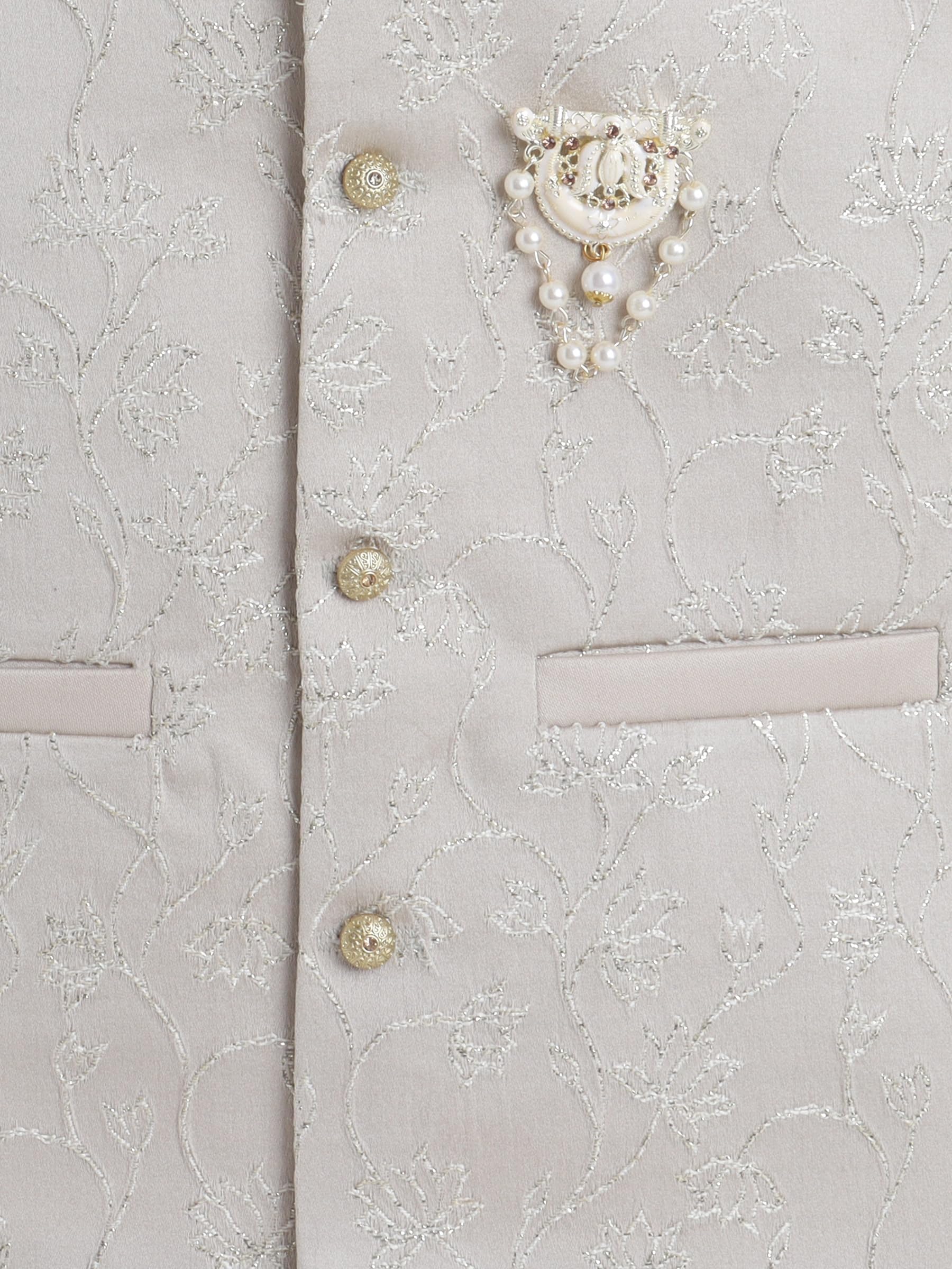 FOURFOLDS Boys Jacquard Floral Pattern Sherwani & Trouser Set With Waistcoat- Beige 3
