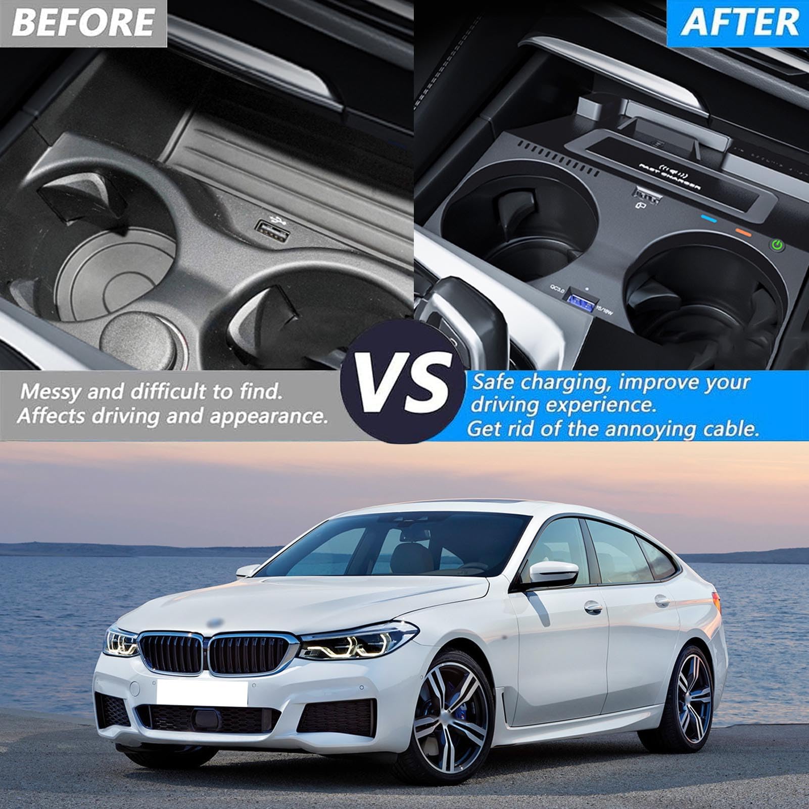 Caricabatterie Wireless per Auto per Serie 5/M5, Serie 6 GT/M6, Tutti i Modelli, Accessorio con Ricarica Rapida Wireless da 15 W e USB Qc3.0, Regalo per la Famiglia
