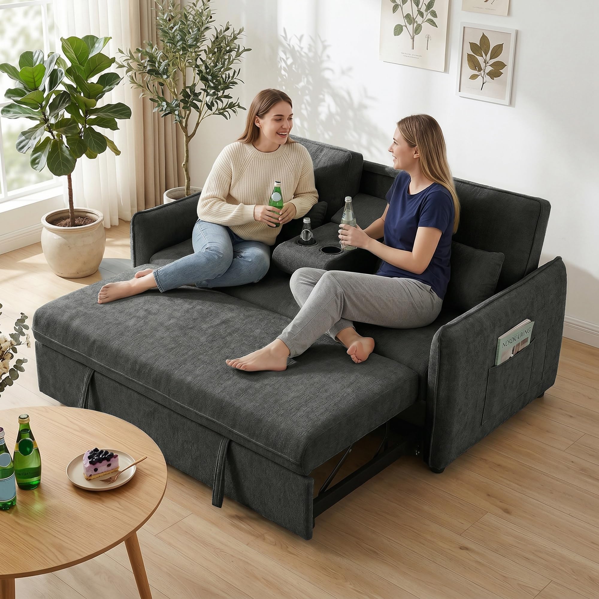 HOMCOM Sofá Cama 2 Plazas 3 en 1, Sofá Cama de Chenilla con Mesa Auxiliar, Portavasos, Respaldo Ajustable, Bolsillos Laterales, 2 Almohadas para Sala de Estar, Espacios Pequeños, Gris Oscuro