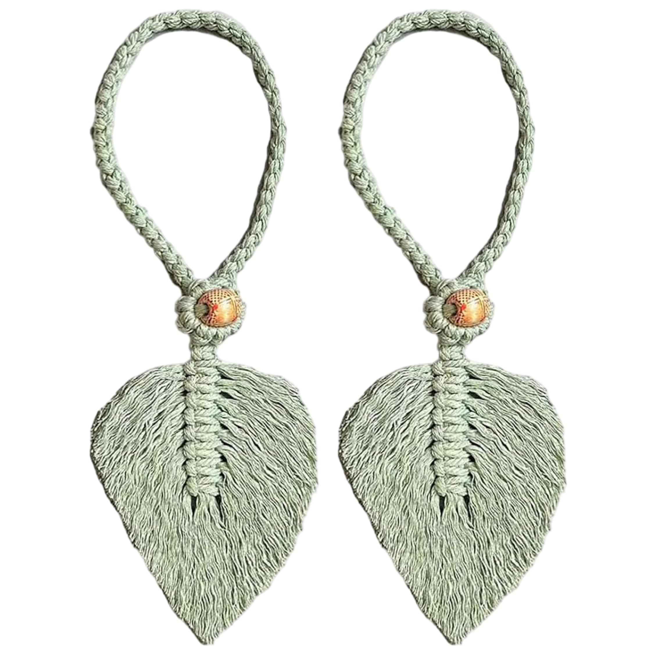 Vistnale 2-Pack Boho Curtain Tiebacks, Handwoven Leaf Curtain Holdbacks with Decorative Beads Tie Backs for Sheer Curtains (Green)