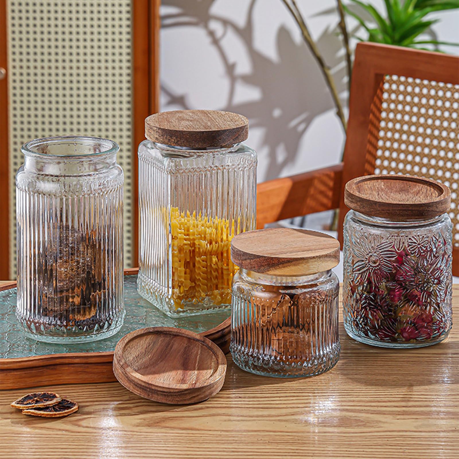 soulnioi Glass Jar with Lid Glass Containers With Bamboo Lids,Striped Glass Jar,Coffee Storage,Decorative Container Tea & Coffee Bean Sealer Acacia Wood Glass Storage Jar 500ml - Image 4