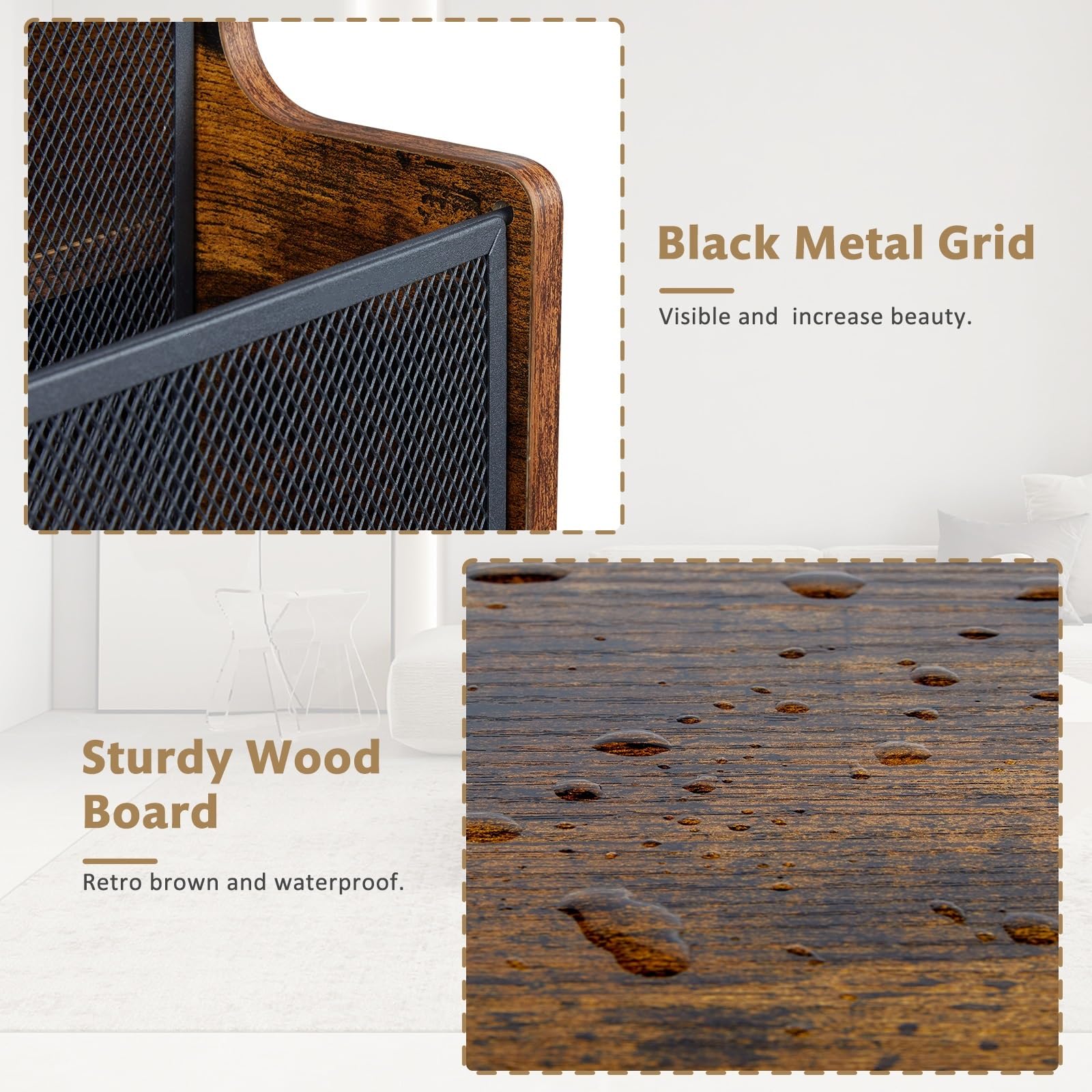 Yuzehuaza Vinyl Record Storage Holder, Stepped 3 Tier LP Vinyl Record Crate with Metal Grid, Wooden Album Storage Desktop Organizer Box for Vinyl, Rustic Brown & Black