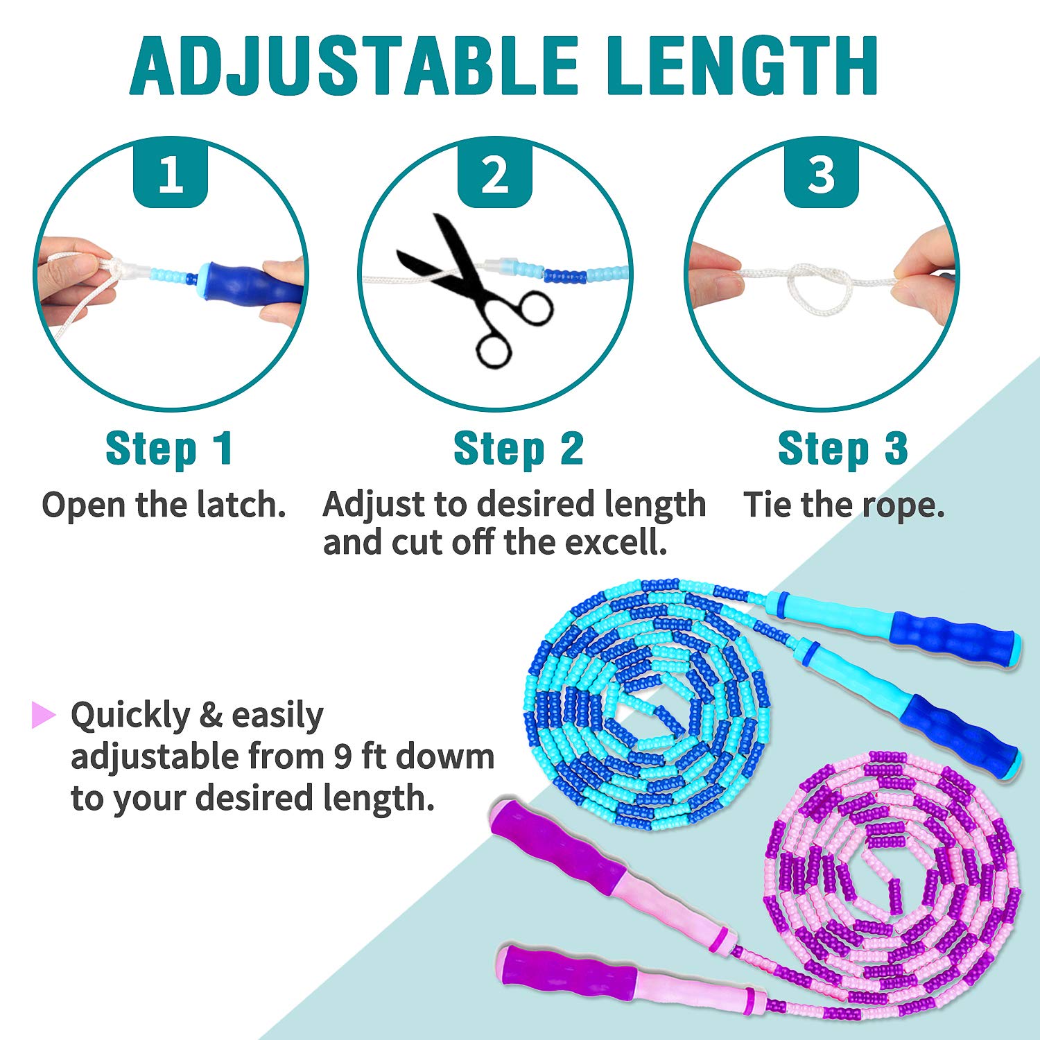 Cooyoo Springseil mit weichen Perlen (3er-Pack), Premium-Springseil, verstellbar, frei segmentiert, verhedderungsfrei, Training, Fitness, Cardio, Springseil, für Herren, 2.7 m, Blau / Lila / Grün