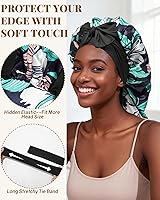 Vista 4 de AWAYTR Gorro largo de satén para trenzas, gorro elástico de seda para dormir, banda de amarre elástica para mujeres (flor D)