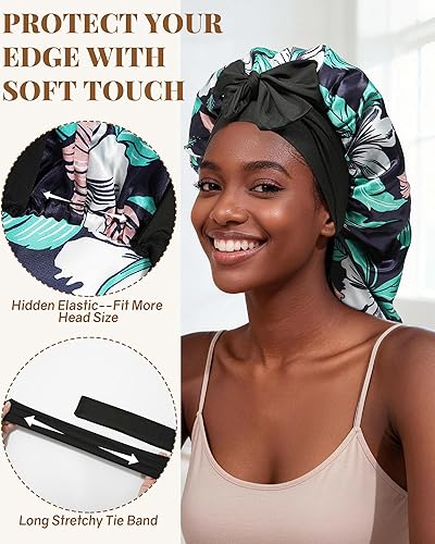 Miniatura 4 de AWAYTR Gorro largo de satén para trenzas, gorro elástico de seda para dormir, banda de amarre elástica para mujeres (flor D)