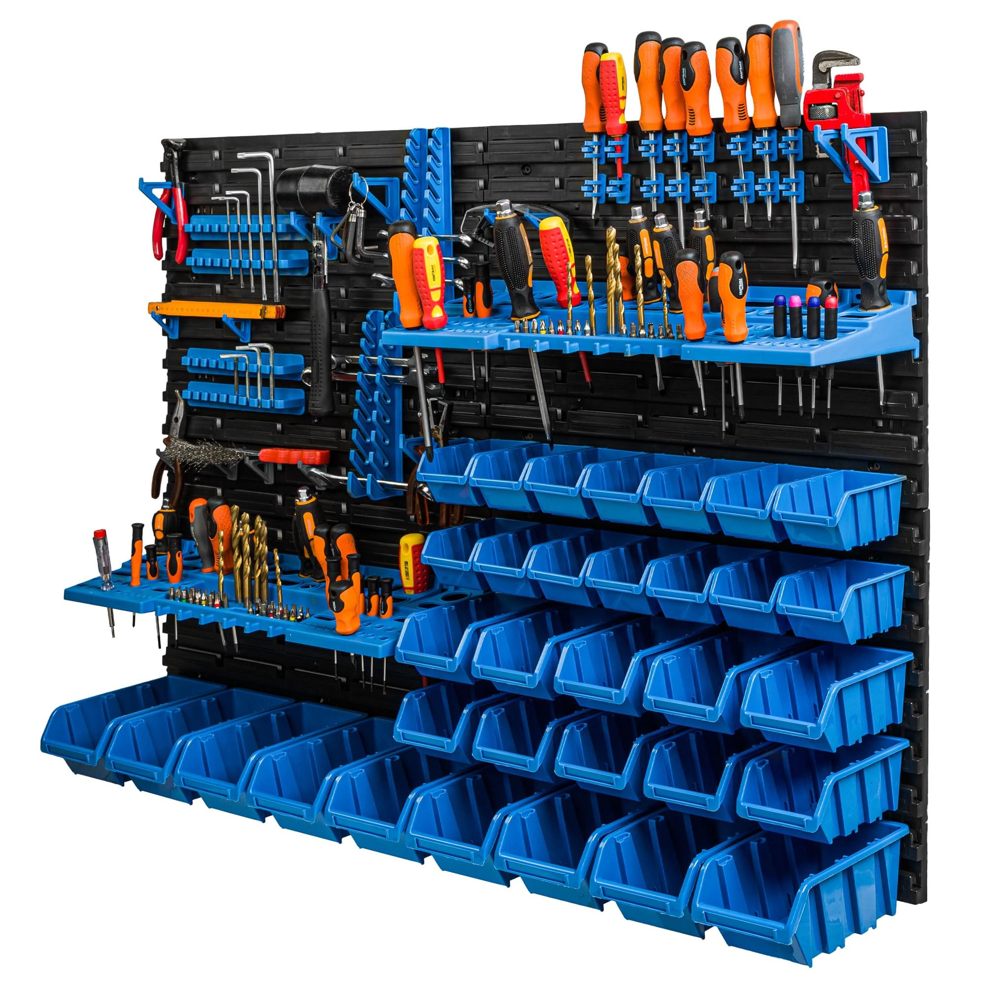 botle 33 scatole impilabili da parete, in plastica, porta attrezzi da muro 117 x 78 cm, per magazzino, scaffale porta attrezzi da lavoro, contenitori per garage blu
