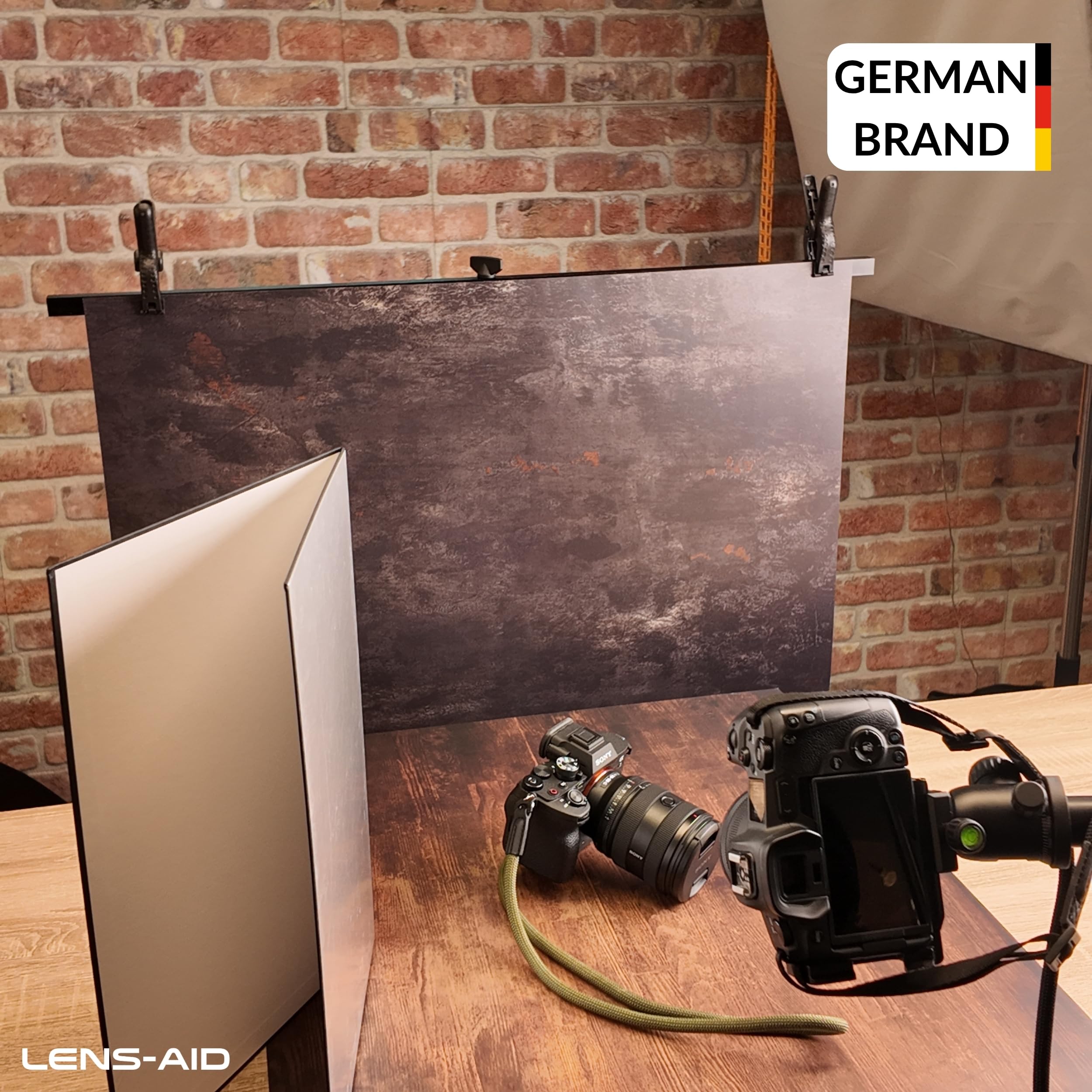 LENS-AID statyw do tﾅＢ foto Flatlay i uchwyt lampy | Poprzeczka do teł fotograficznych, wysokość 100-186 cm, kolumna 28 mm z szybkozłączem, 2 zaciski