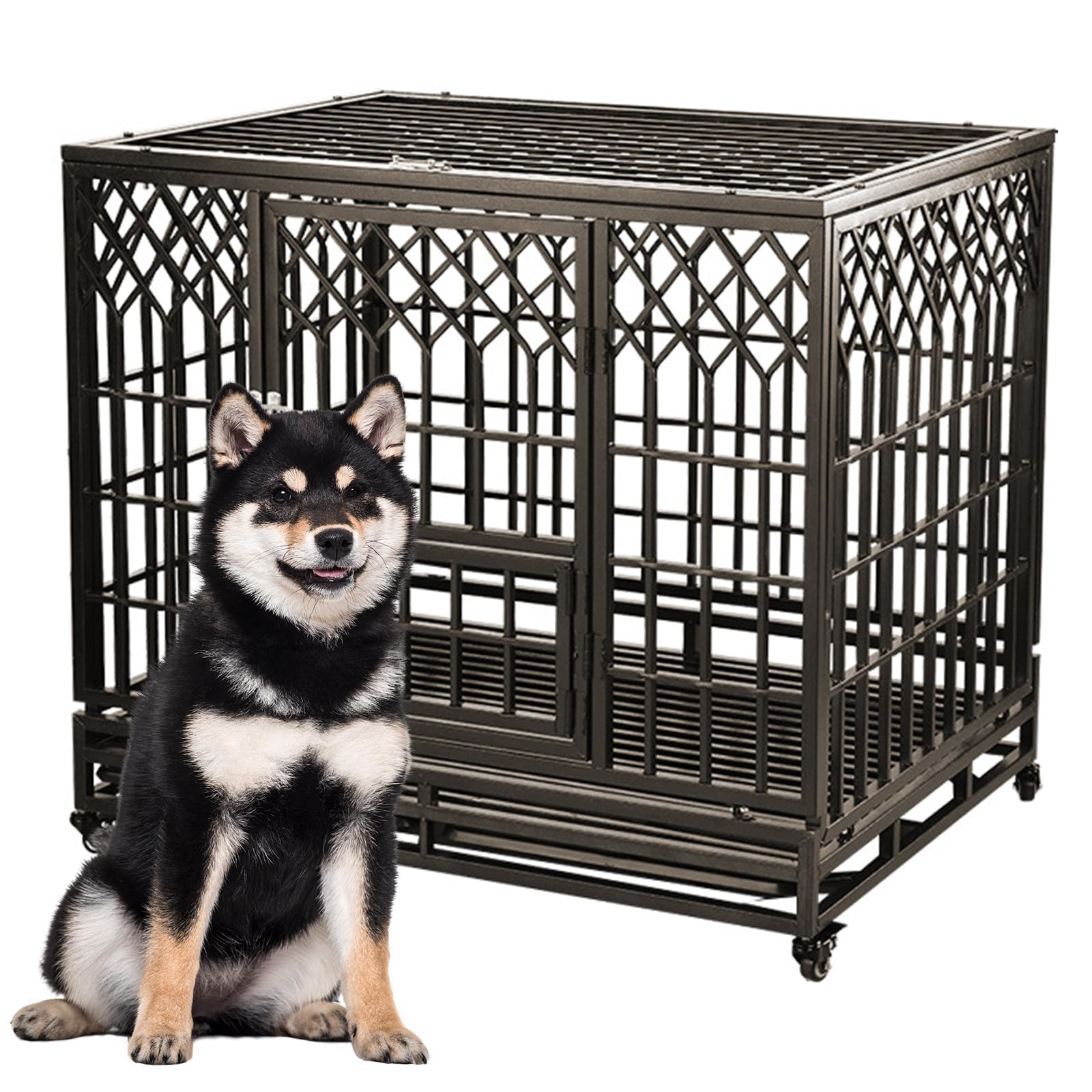 Jaula Para Perros Grande, Caseta De Metal Interiores Con Ansiedad Por Separación, Ruedas Bloqueables Y Bandeja Extraíble, Caja Para Perros Fácil De Montar Con Cuatro Ruedas,41.3"Lx30.3"Wx37.4"H
