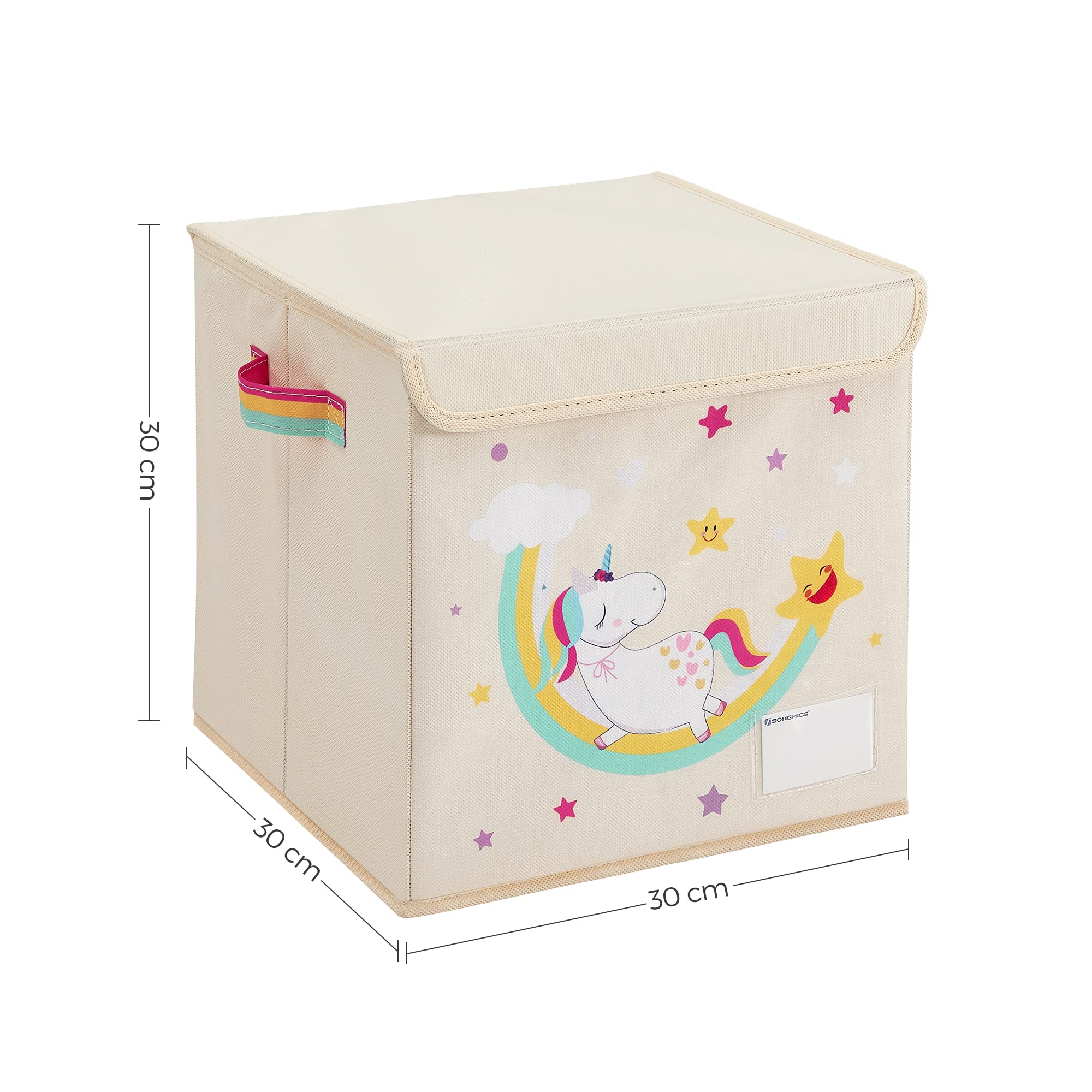 SONGMICS Juego de 3 Cajas de Almacenamiento de Niños con Tapa, Organizador de Juguetes, 30 x 30 x 30 cm, Cubos Plegables, para Dormitorio, Cuarto de Juegos, Patrones de Unicornio, Beige RFB710W03