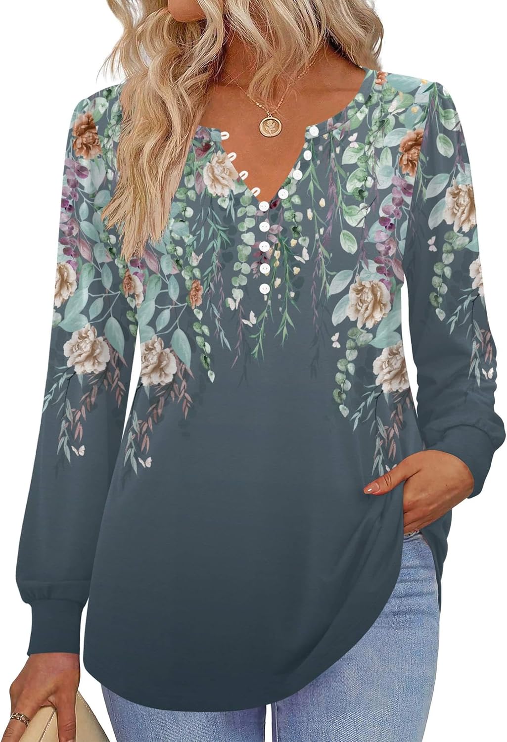Zeagoo Fall Tops for Women Long Sleeve Button Up Shirts Floral Tunics V Neck Pullover Blouse - Image 2