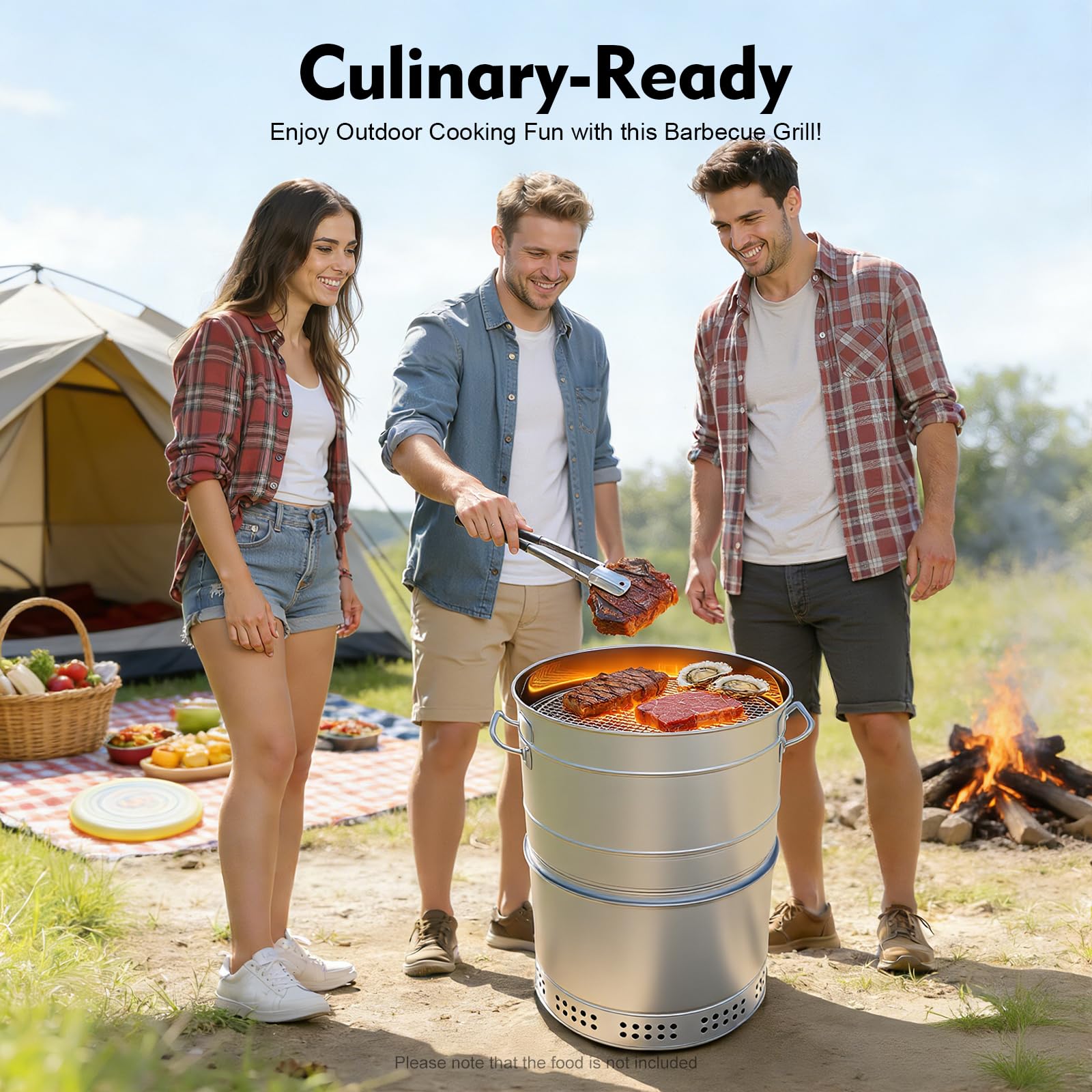 Barbecue portatile a carbonella in acciaio inox, con spiedini e vaschetta per l'olio, griglia a 360°, senza fumo, per campeggio e cortile