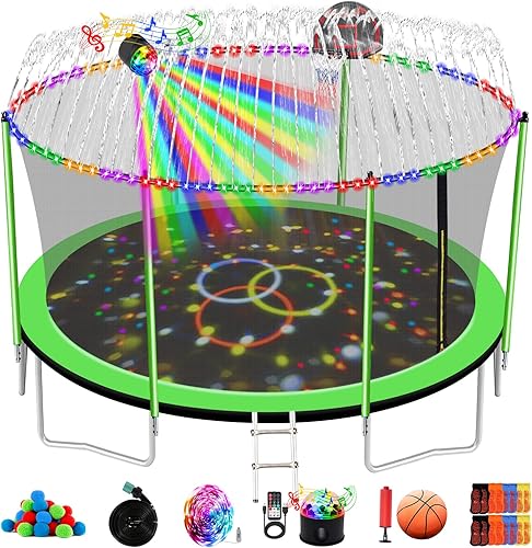 Trampolín de 1500 libras, 10 pies, 12 pies, 14 pies, 16 pies, con caja de aro de baloncesto, luces, rociador, altavoz, trampolín al aire libre para