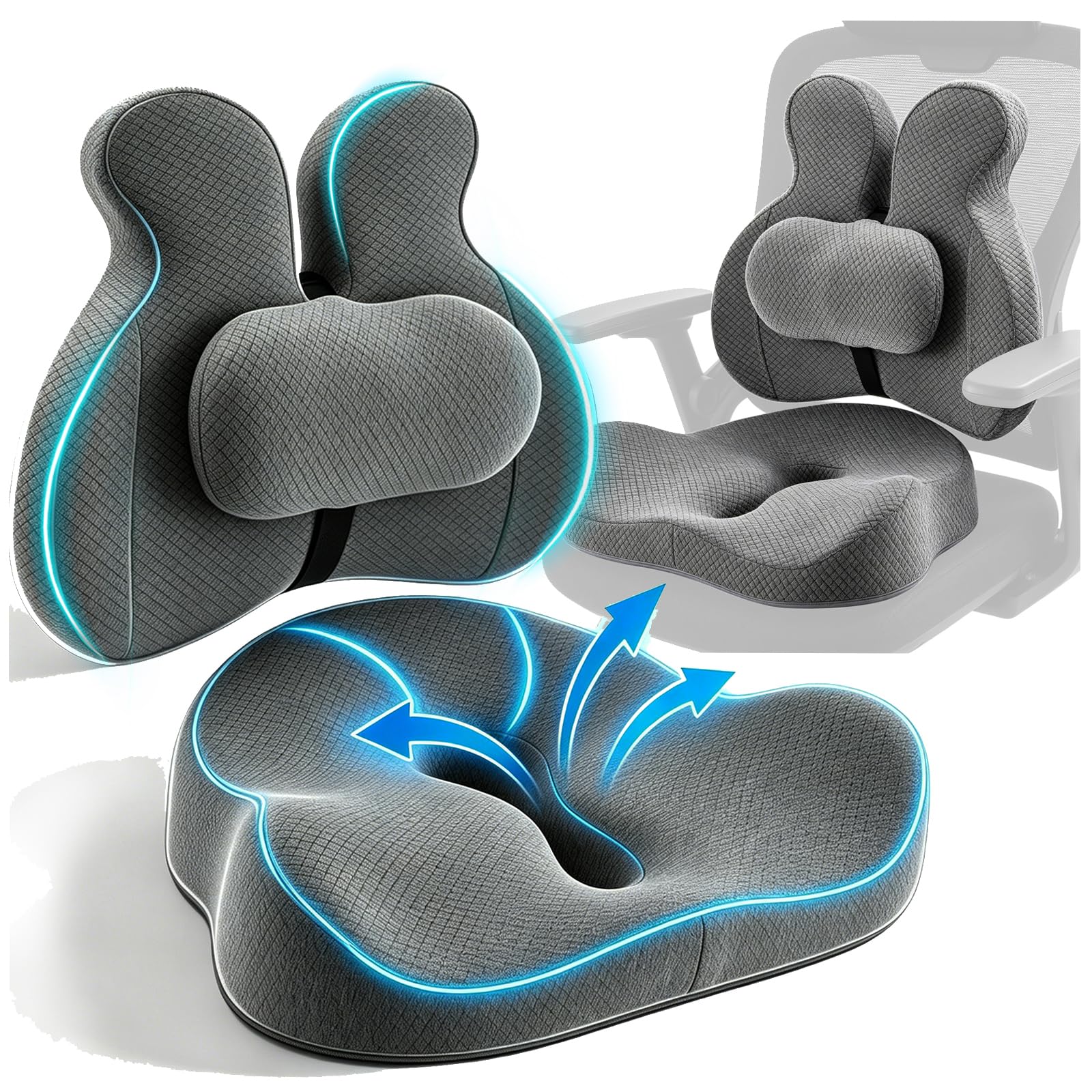 Cuscino ortopedico 3 in 1 per auto, con supporto lombare e cuscino per coccige, in memory foam ergonomico, traspirante, assorbe il sudore, antiscivolo, per sedia da ufficio e gaming