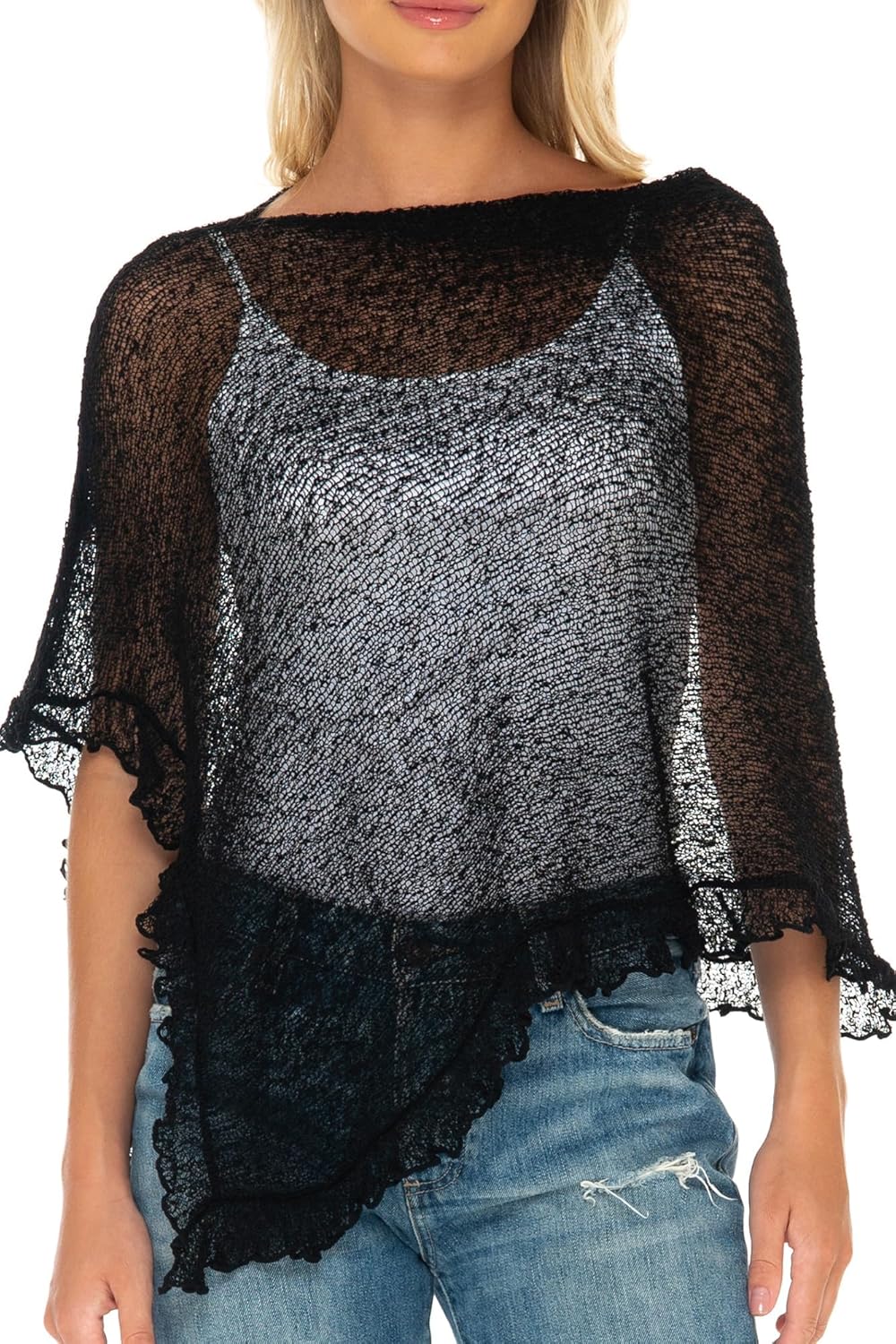 SHU-SHI Womens Sheer Poncho Shrug Lightweight Knit Ruffle Pullover Sweater Top