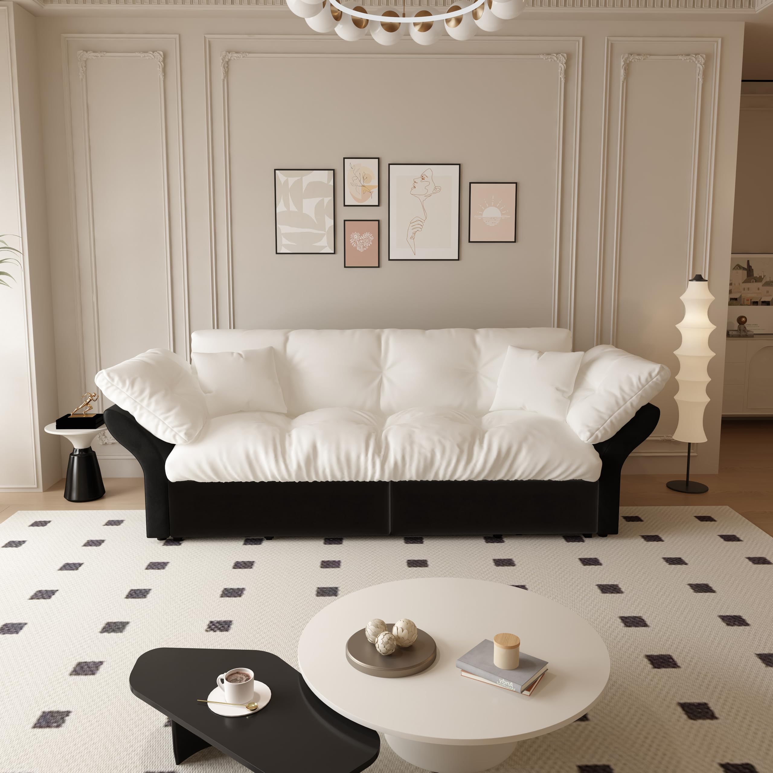 Generisch Sofa rozkładana 3 w 1 Queen Size, welurowa sofa do spania z tuftingiem i 2 miękkimi poduszkami, wielofunkcyjna sofa do salonu, sypialni, beżowa/biała