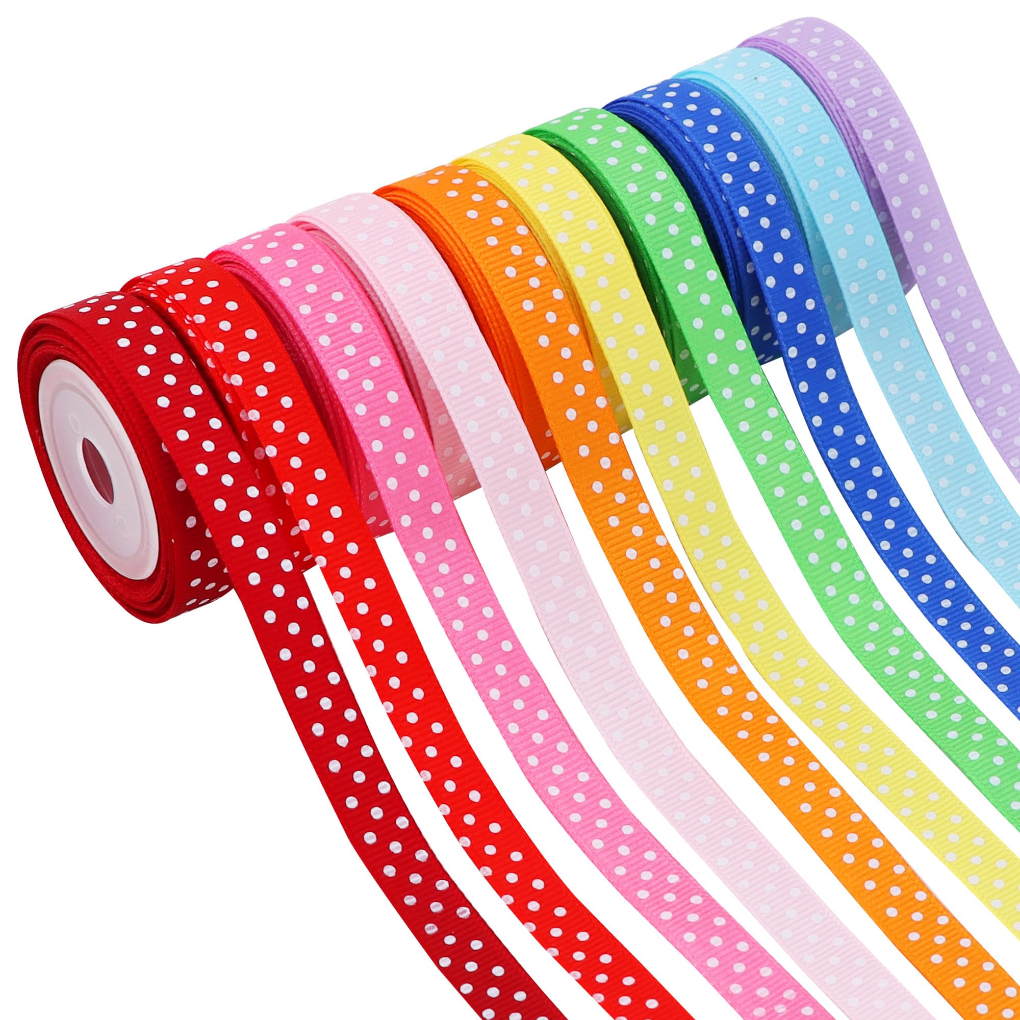 TONIFUL 3/8 Inch Polka Dots Grosgrain Ribbons,10 Colors 50 Yards Spring Easter Craft Ribbon for Gift Wrapping Crafts Flower Bouquet Easter Christmas Birthday Wedding Part Decor(5Yd/Roll)