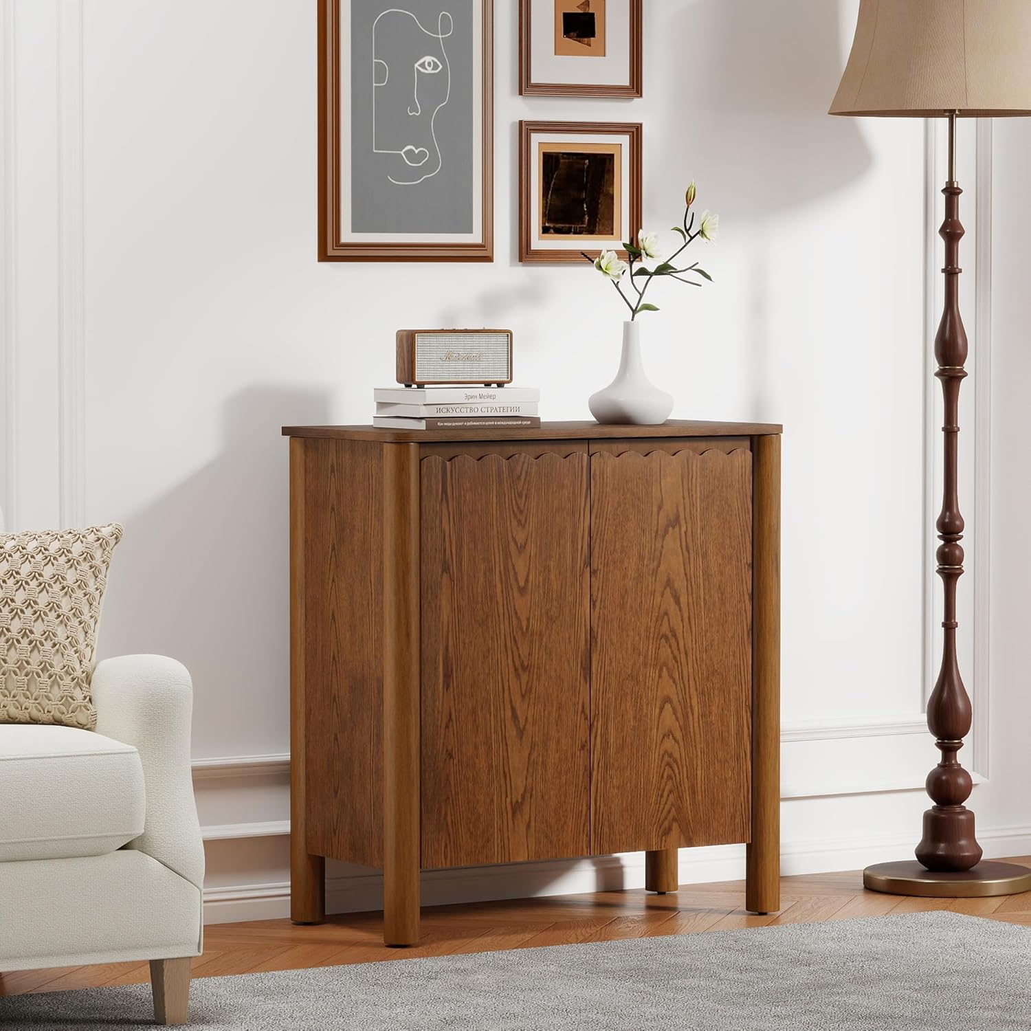 LKTART 31.5" Sideboard Buffet Cabinet with Storage, Modern Accent Cabinet with Solid Ash Veneer & Adjustable Shelves, Small Buffet Cabinet for Living Room, Kitchen, Hallway