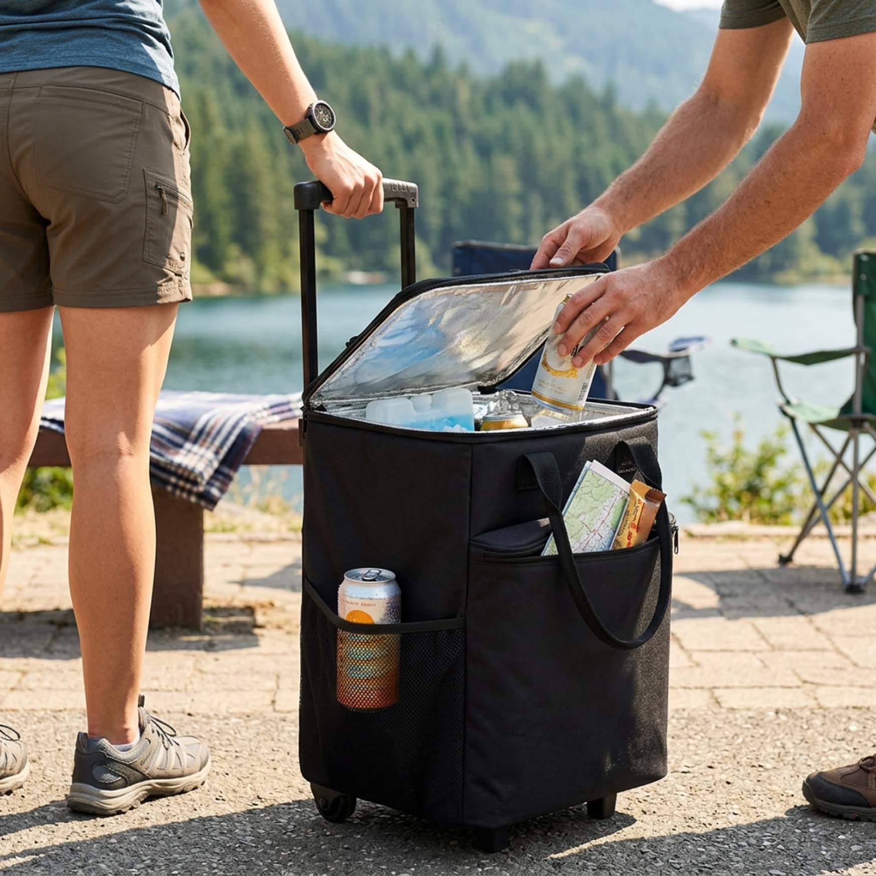 Borsa frigo isolante pieghevole da 38 litri su ruote con maniglia - Borsa per la ritenzione del caldo e del freddo per il campeggio, picnic all'aperto, viaggi in spiaggia