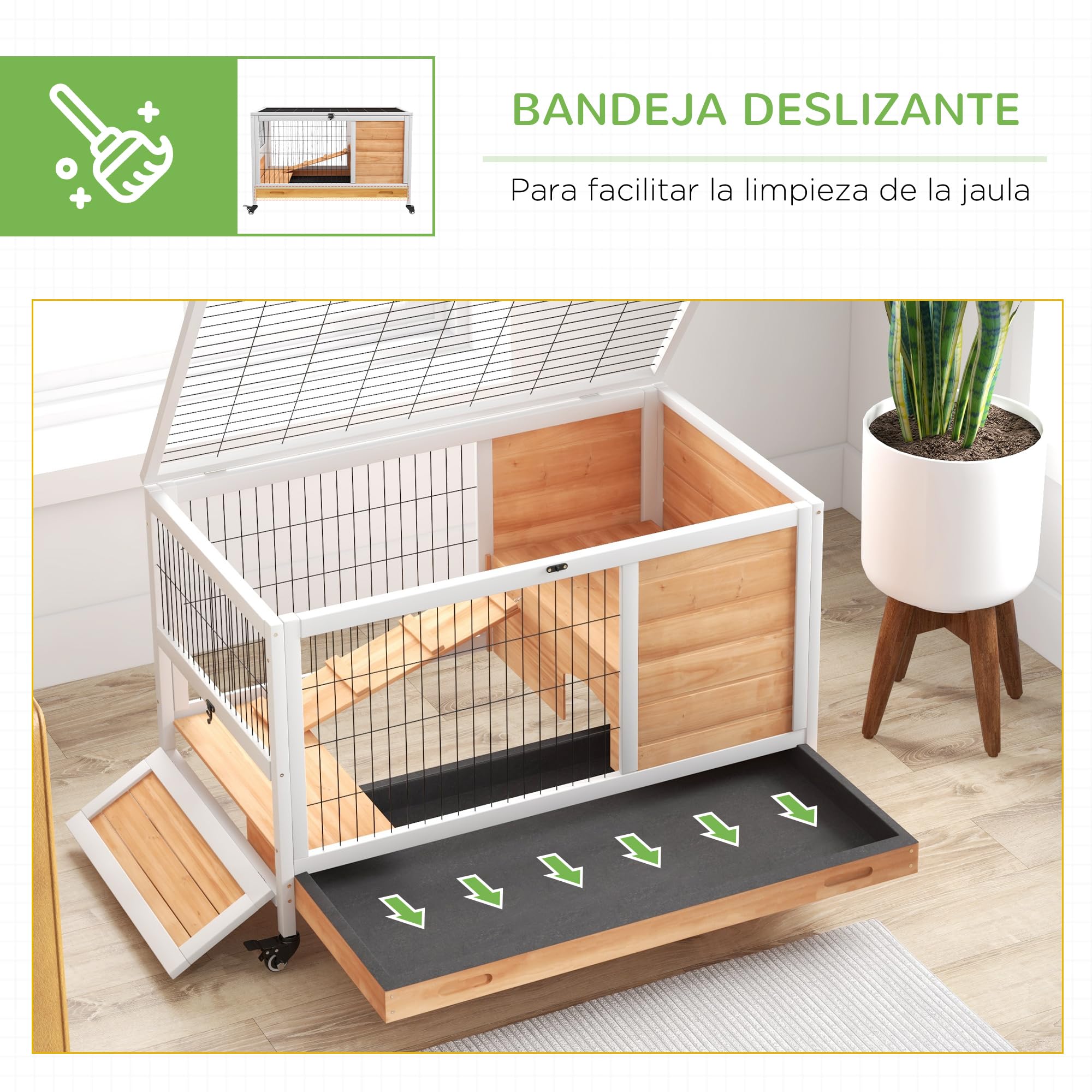 PawHut Jaula para Conejos de Madera Conejera para Mascotas Pequeñas Portátil Interior con Techo Abrible Rampa Bandeja Extraíble para Conejillos de Indias 90x53x59 cm Madera Natural