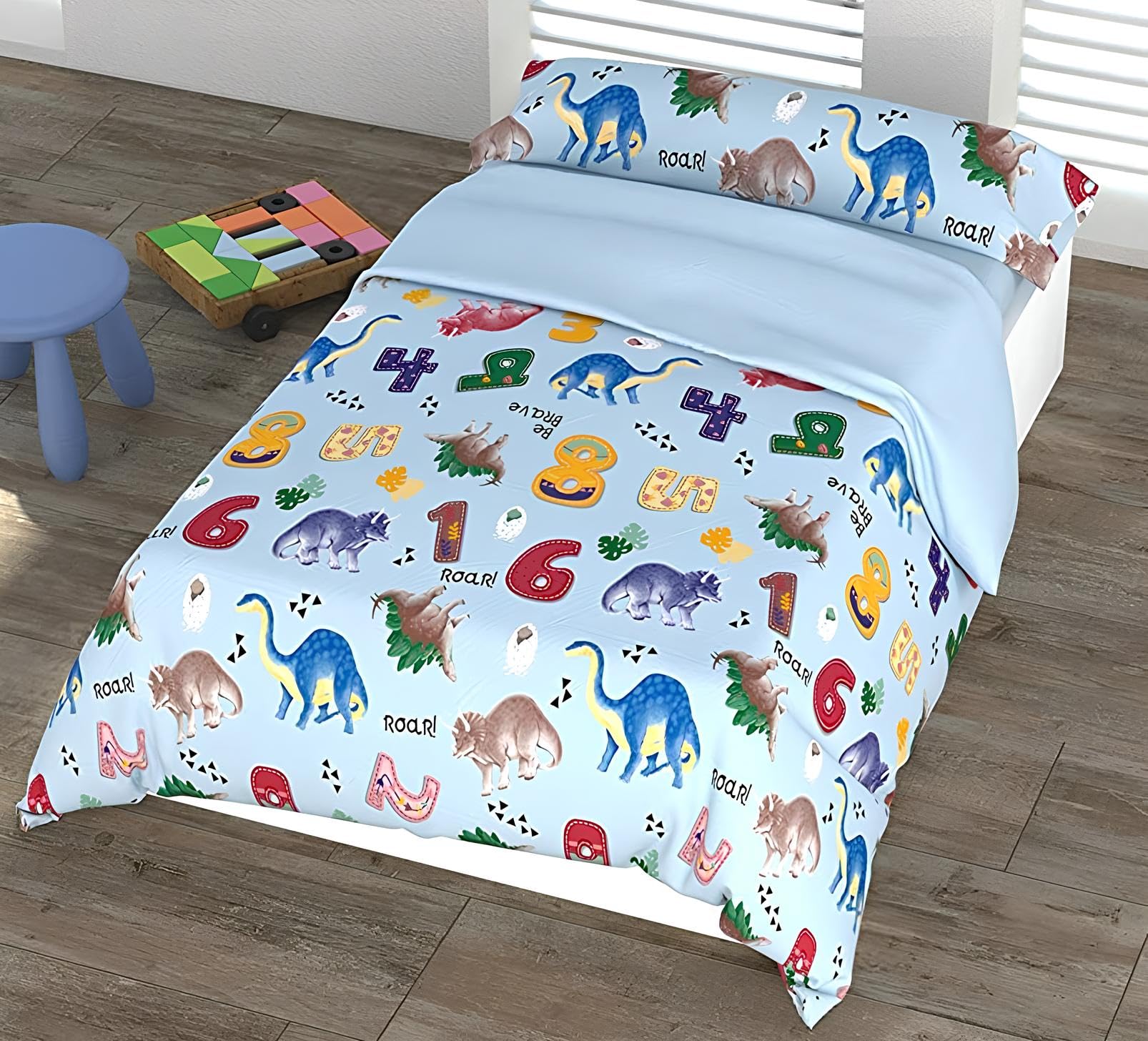 Funda Nórdica Infantil Dinosaurios, Cama 90cm y Cama 105cm, 2 Piezas, Azul, 144 Hilos, 50% Algodón 50% Poliester (Cama 90cm (150x220cm))