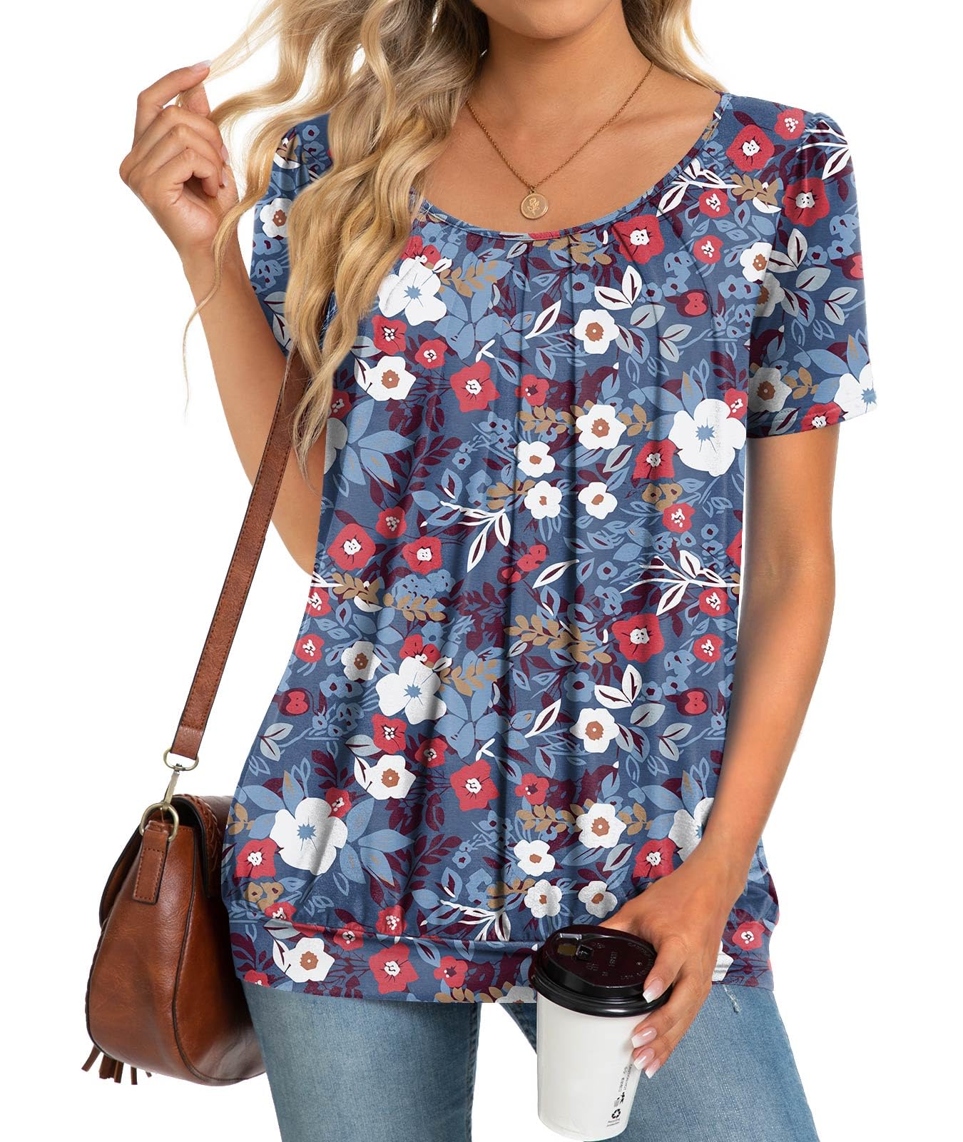 Anymeet 2025 Women's Spring Summer Tunic Tops Short Sleeve Casual Tshirt for Leggings Pleated Blouses