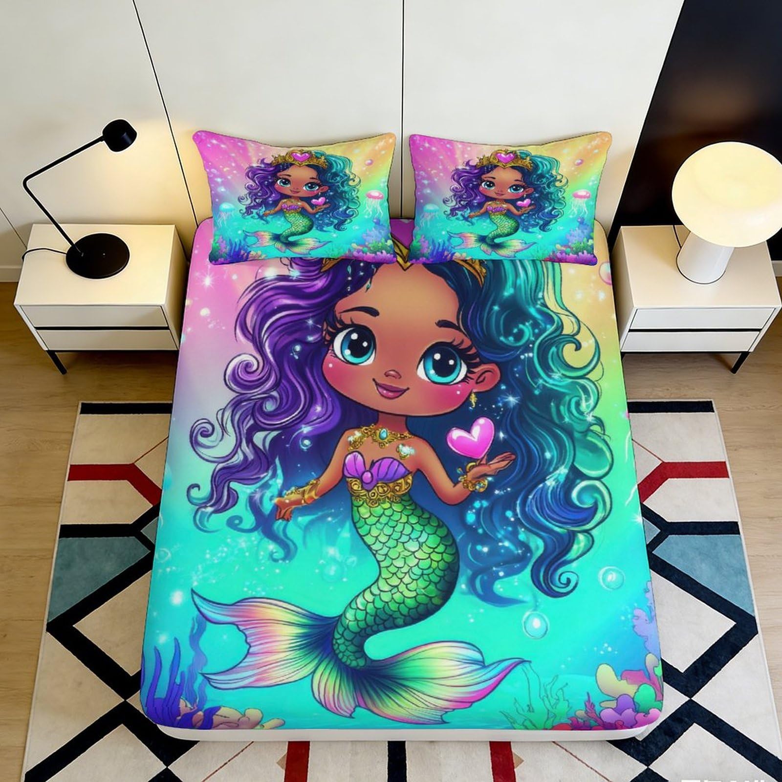3D Printed Mermaid Theme Fitted Sheet Microfiber Elastic Hem Deep Pocket Mermaid Mattress Fitted Cover for Bedroom Bedding 160x200x25cm