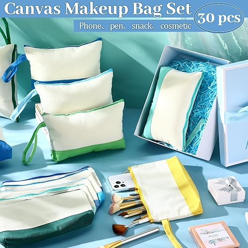 Miniatura 10 de Silkfly 30 bolsas de maquillaje de lona de algodón, bolsa de cosméticos de lona con cremallera, bolsas de maquillaje de dos tonos, a granel con