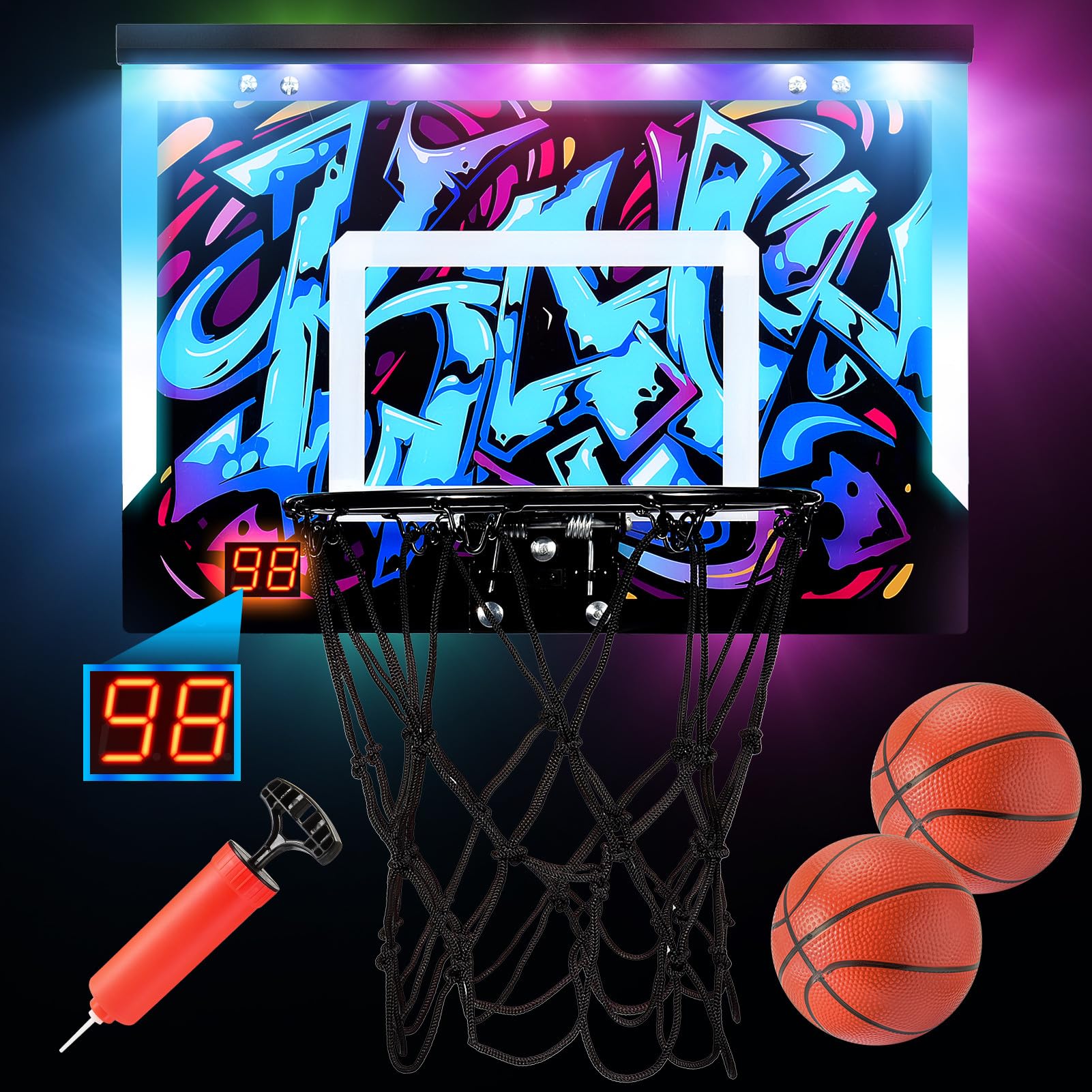 DASTION-99Mini Basketball Hoop Indoor for Kids LED Basketball Hoop Toys for 3 4 5 6 7-12 Year Old Boys Teens Easter Birthday Valentine Gifts for Boys Age 3-12 with 2 Balls Cool Light