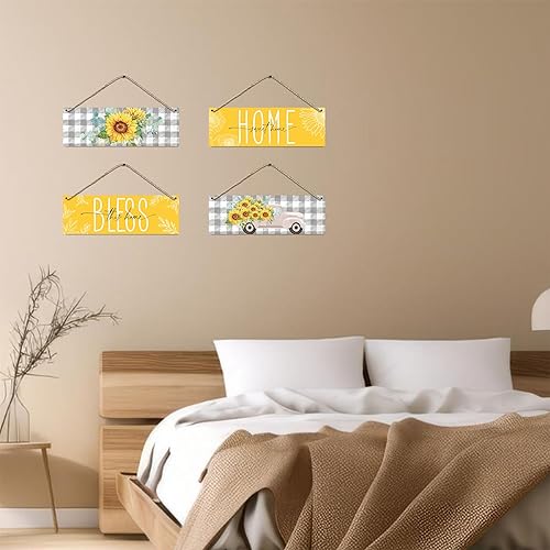 Miniatura 4 de Letrero de madera de otoño (4 unidades), decoración de pared para colgar en la pared, diseño de eucalipto, girasol, dulce hogar, decoración de