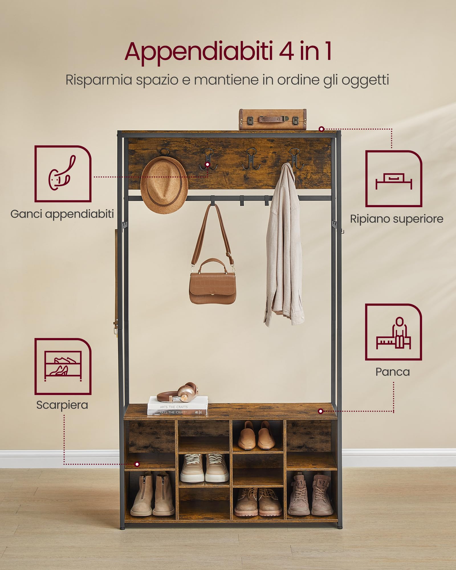 Appendiabiti Ingresso VASAGLE Con Panca - Mobile 200cm Con 6 Ganci Tripli E Scarpiera - Foto 9