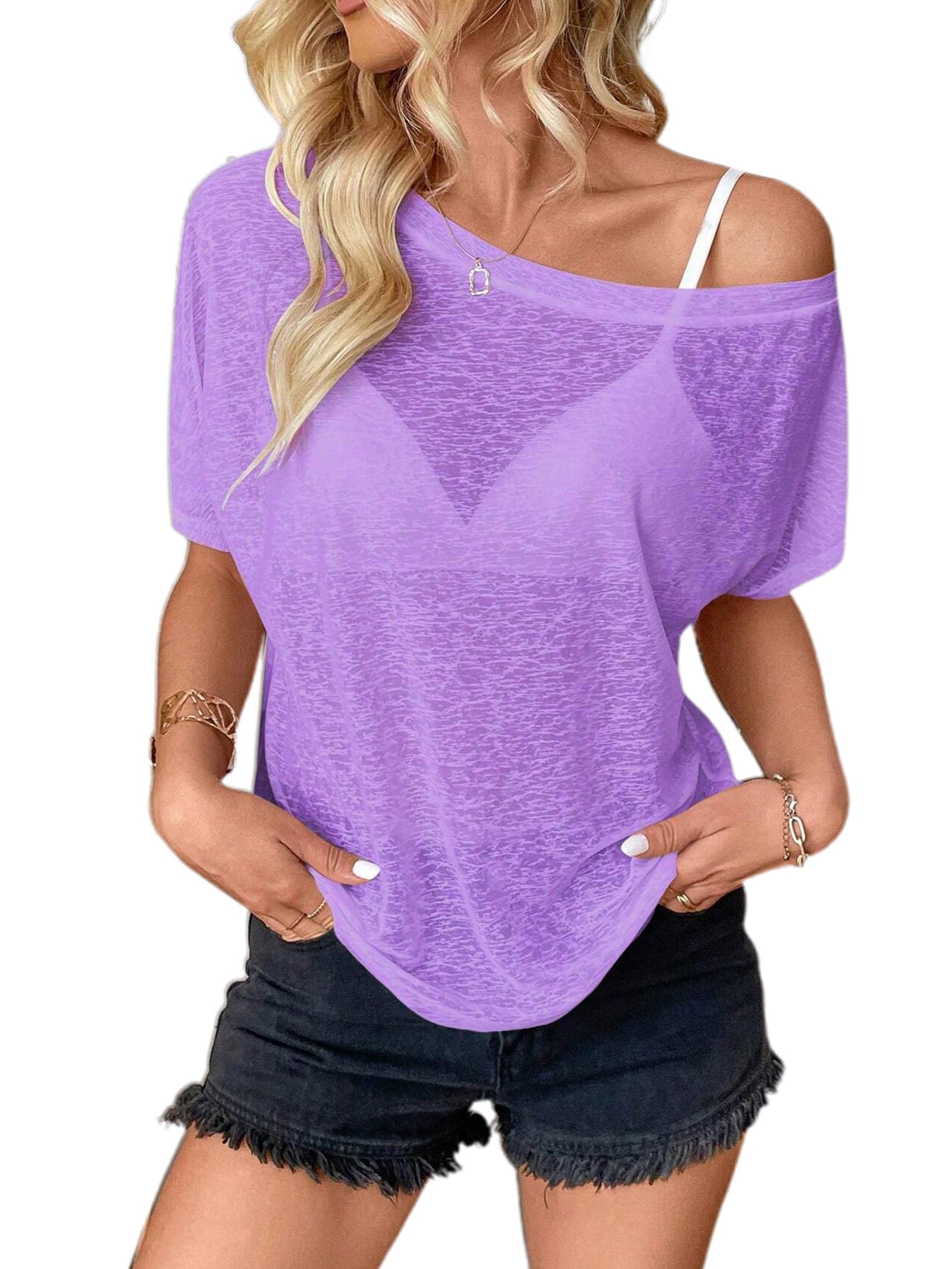 Hilinker Women's Sheer Off The Shoulder Tops See Through Sexy Short Sleeve Mesh Shirt Summer