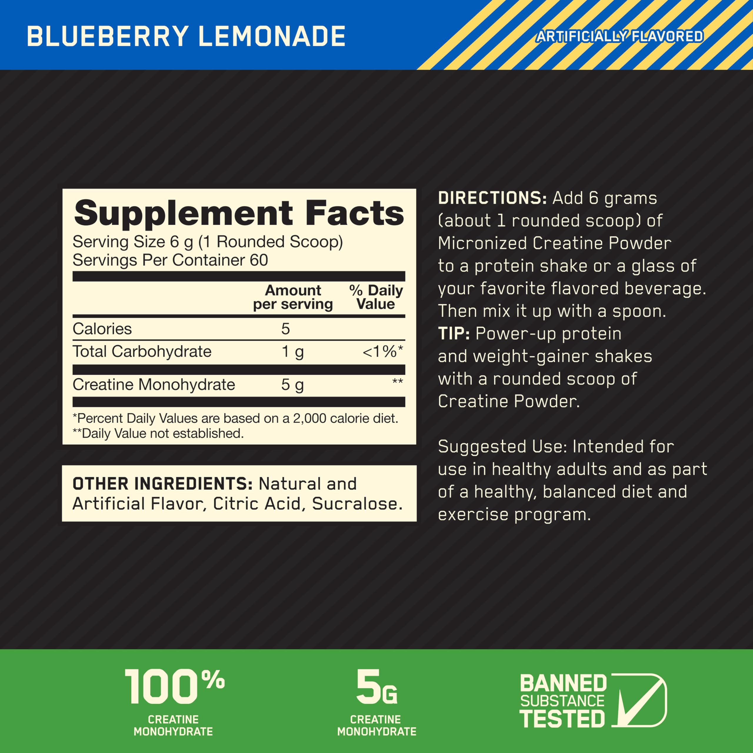 Optimum Nutrition Creatine Monohydrate Powder, Blueberry Lemonade, 60 Serv — Amazon image 3