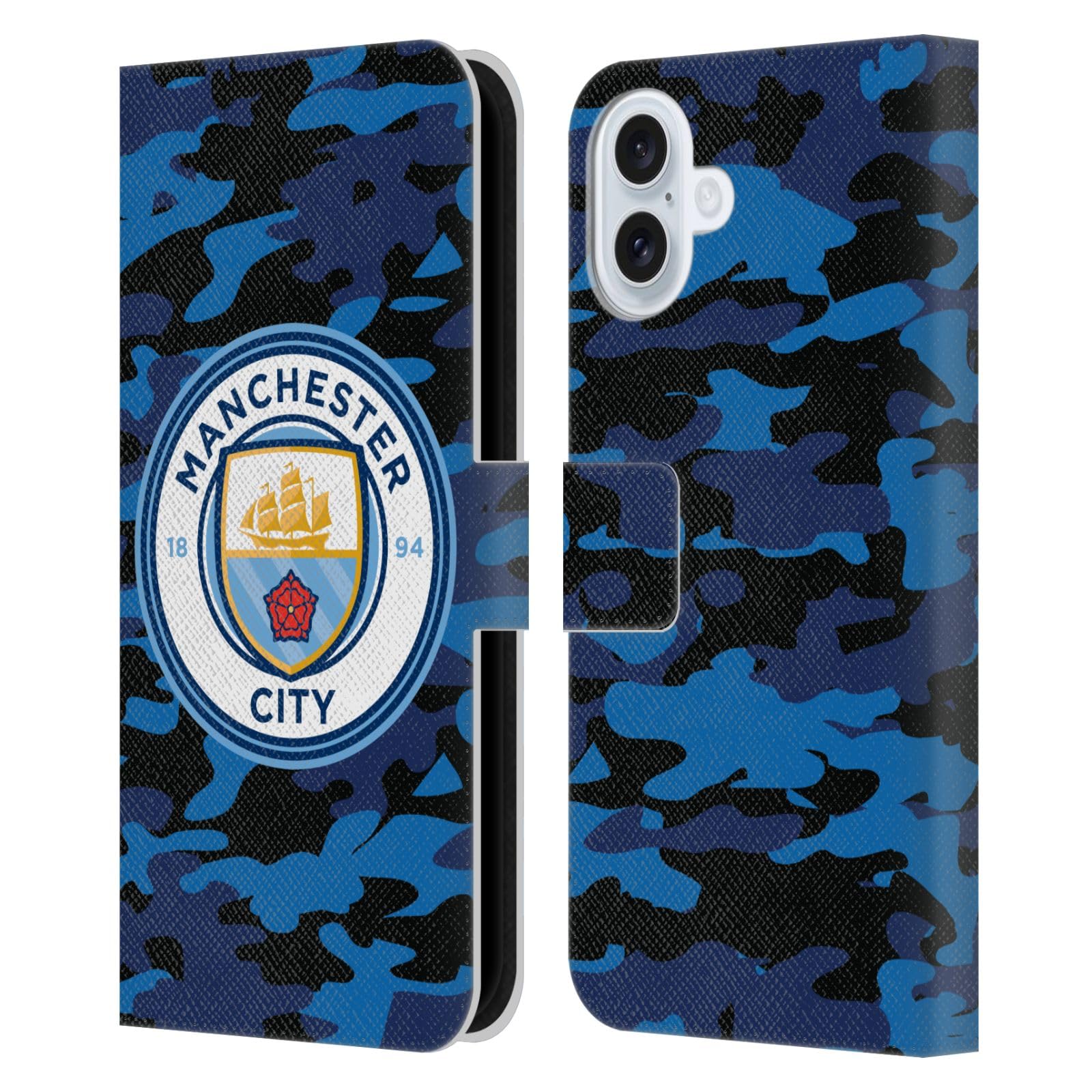 Head Case Designs Officially Licensed Manchester City Man City FC Dark Blue Moon Badge Camou Leather Wallet Case Compatible With Apple iPhone 16 Plus