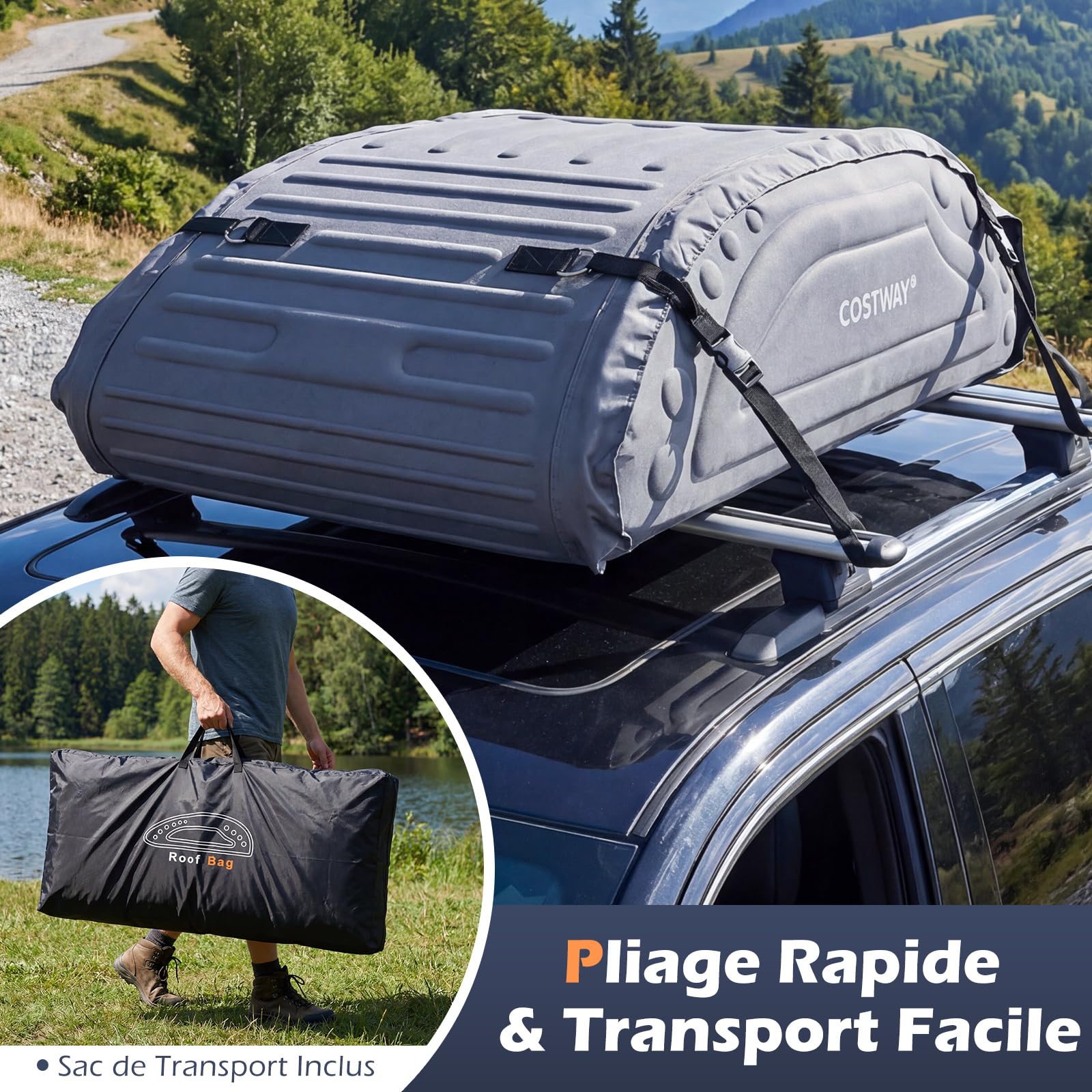 COSTWAY Coffre de Toit pour Voiture, Capacité de 400 L, Résistant aux Intempéries, avec Sangles Robustes, Porte-Bagages de Toit Pratique en PE Mousse pour VUS pour Tous Véhicules (Gris)