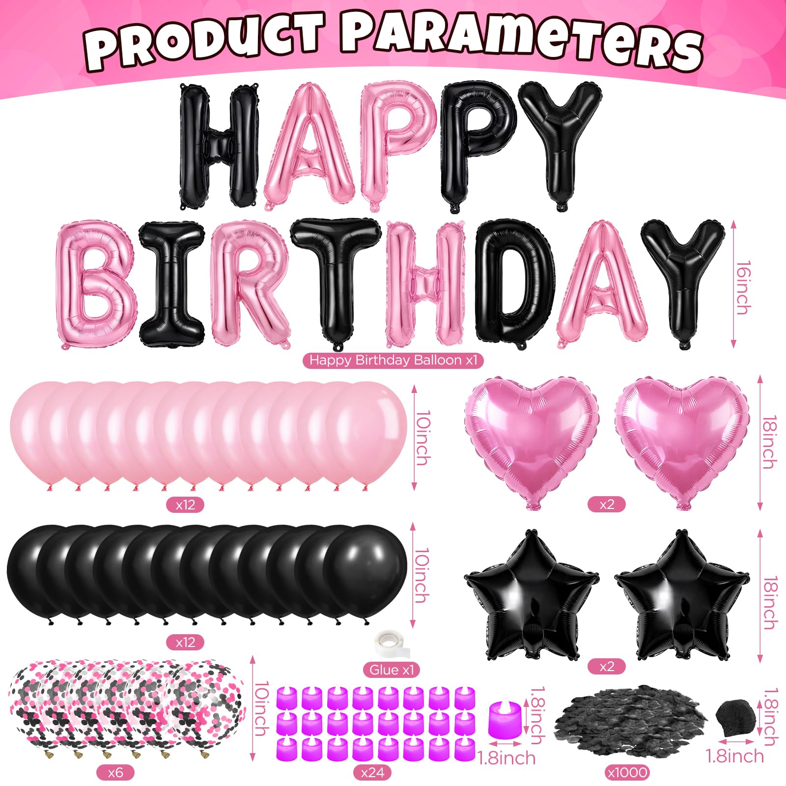 Ballons décoratifs noirs et roses « Happy Birthday » - Bannière avec lettres et étoiles et cœurs - 1 000 pétales de rose artificiels - 24 bougies LED sans flamme pour fête d'anniversaire
