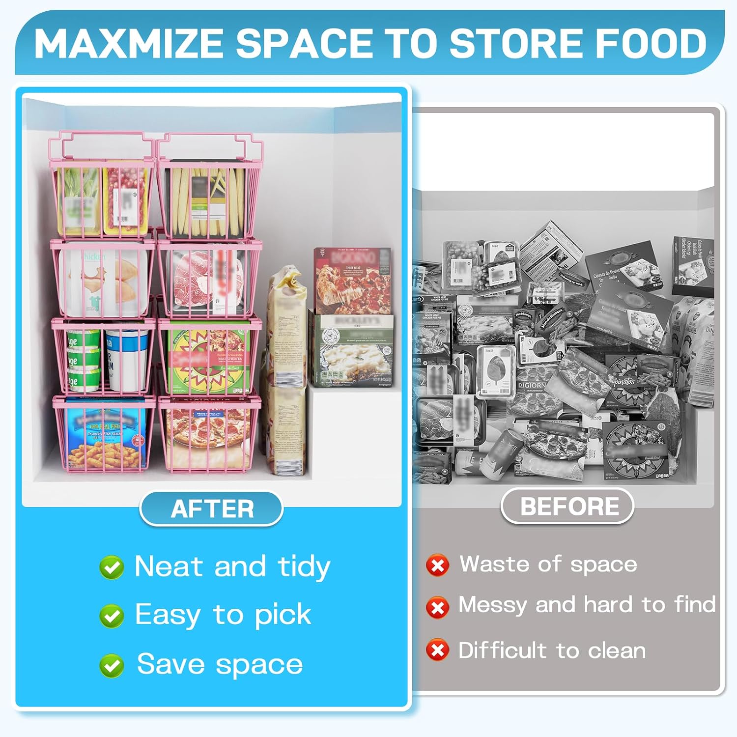 SUNALLY Freezer Organizer Bins, 4 Pack Stackable Chest Freezer Organizer for 5-7 Cu.FT Deep Freezer Sort Frozen Meats and Food, Freezer Storage Baskets with Handles Easy Reach from Bottom, Pink