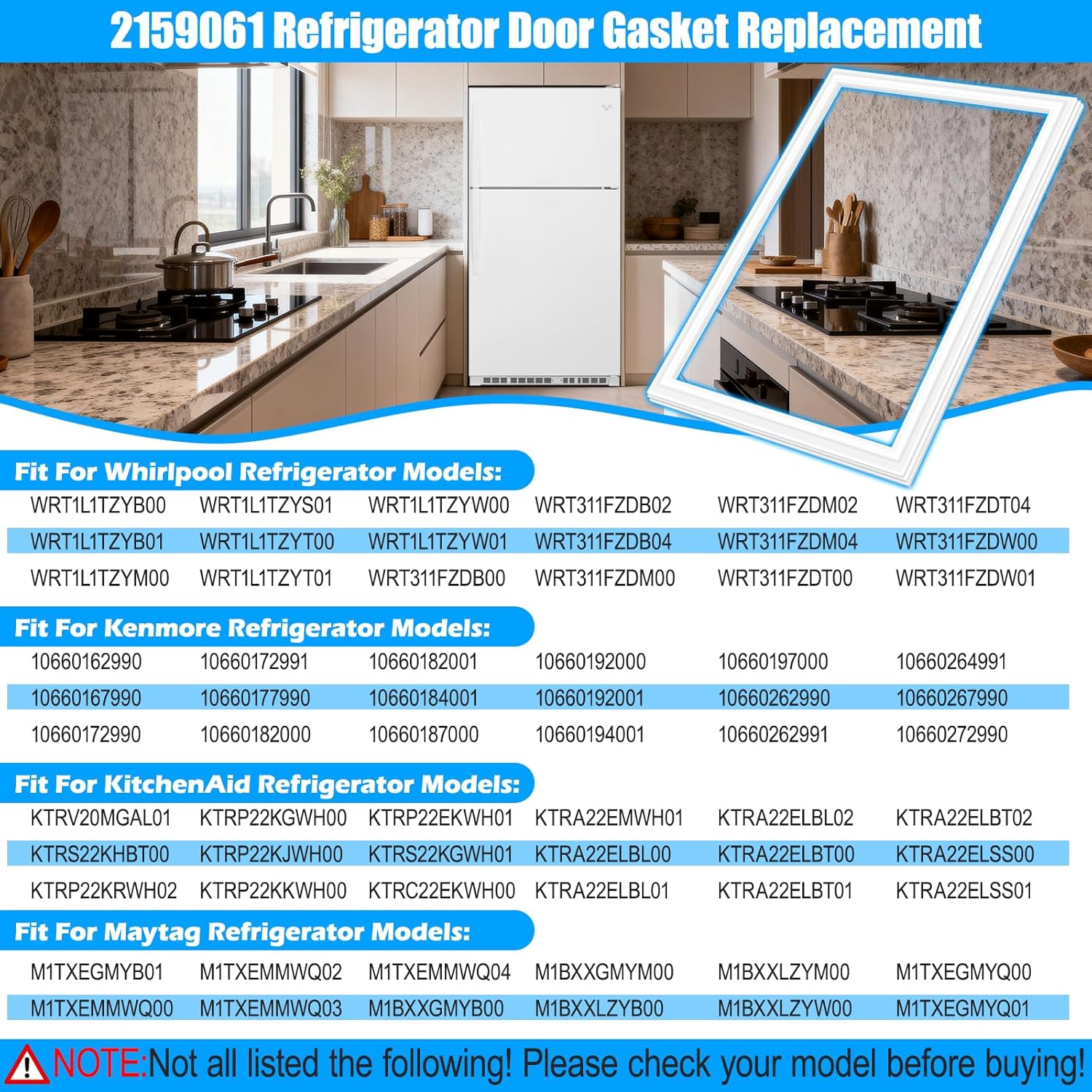Upgraded 2159061 Refrigerator Door Gasket Compatible with Whirlpool Refrigerator Door Seal 2171377 2183851 2202875 2214963 Kenmore Maytag KitchenAid Refrigerator Door Gasket Seal White Fridge Seal