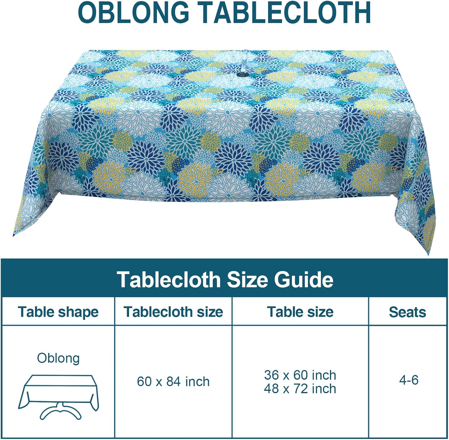 Outdoor Rectangle Tablecloth with Umbrella Hole and Zipper 84" x 60", Water Repellent Floral Picnic Cover, Fade & Wrinkle Resistant Tablecloth for Patio/Garden/Party Table, Dahlia Blue